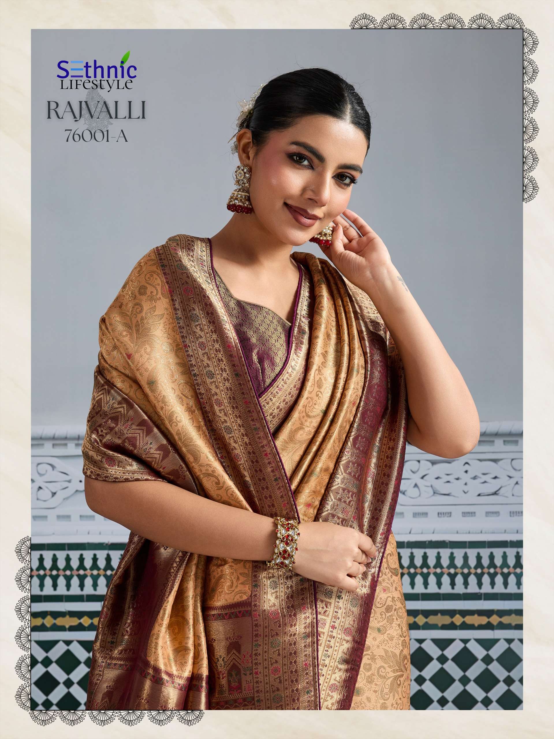 sethnic lifestyle rajvalli kajivaram gold 76001 colour edition party wear soft zari kajivaram silk saree wholesale best rate catalogue 