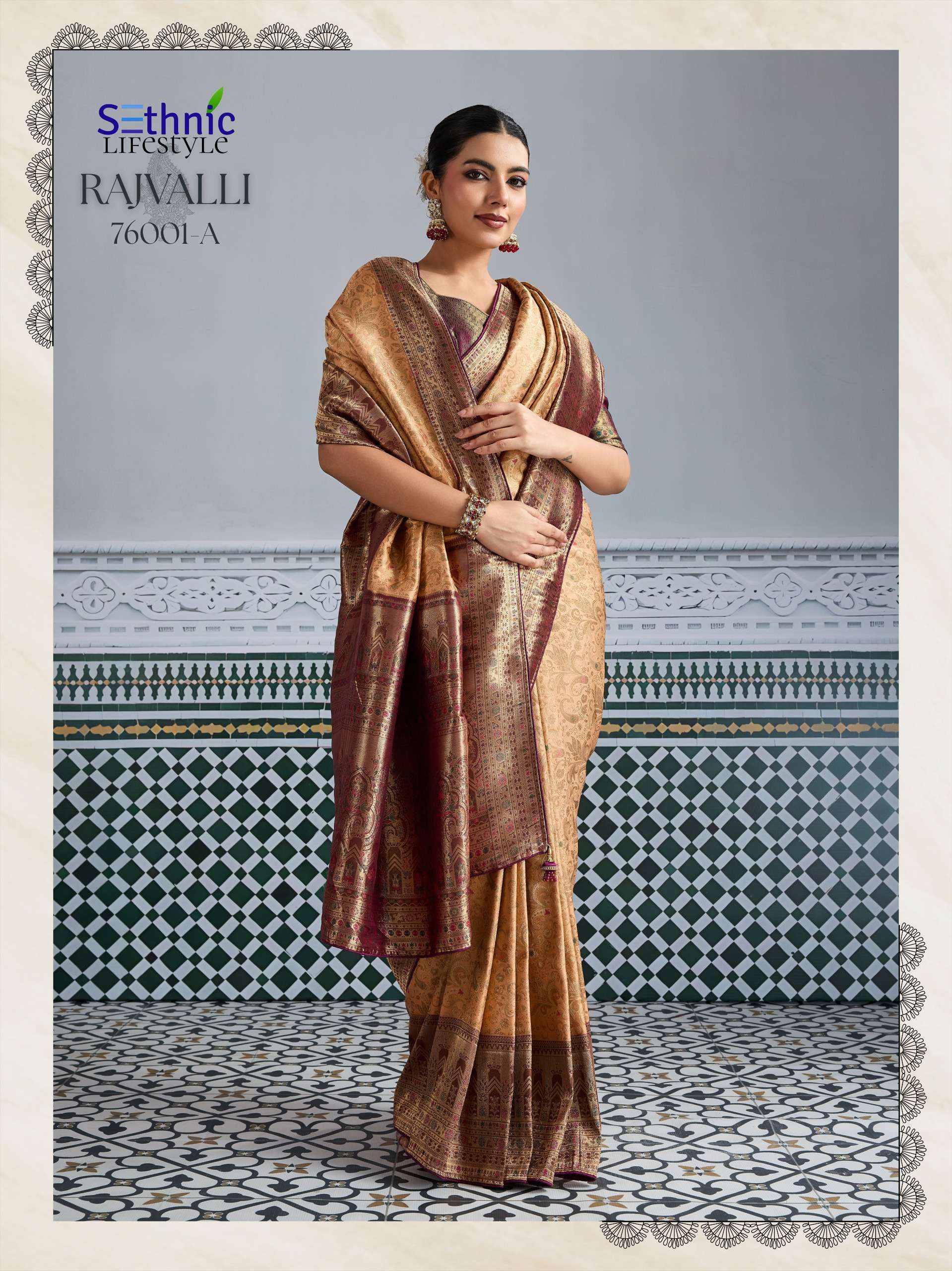 sethnic lifestyle rajvalli kajivaram gold 76001 colour edition party wear soft zari kajivaram silk saree wholesale best rate catalogue 