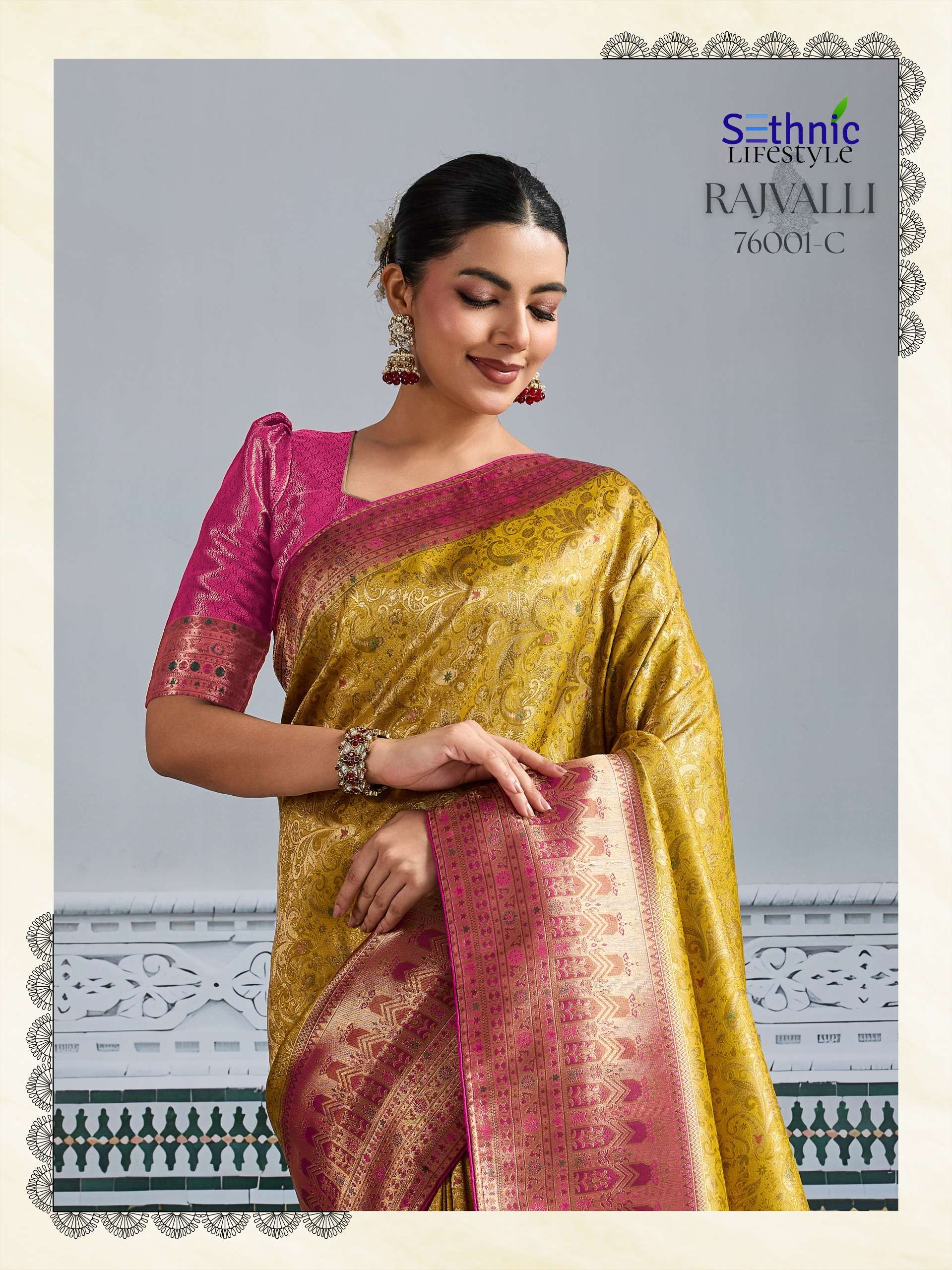 sethnic lifestyle rajvalli kajivaram gold 76001 colour edition party wear soft zari kajivaram silk saree wholesale best rate catalogue 
