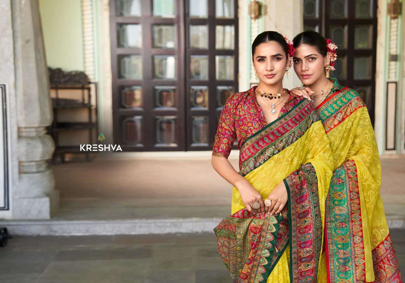 shanti by kreshva colors best designer pashmina peinted wedding wear saree supplier 