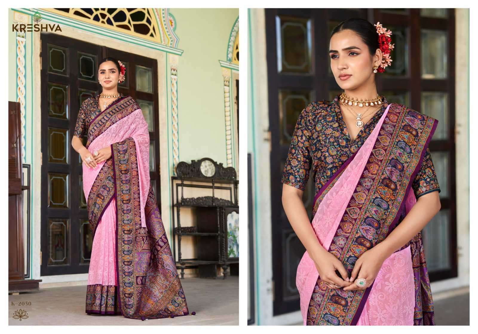 shanti by kreshva colors best designer pashmina peinted wedding wear saree supplier 