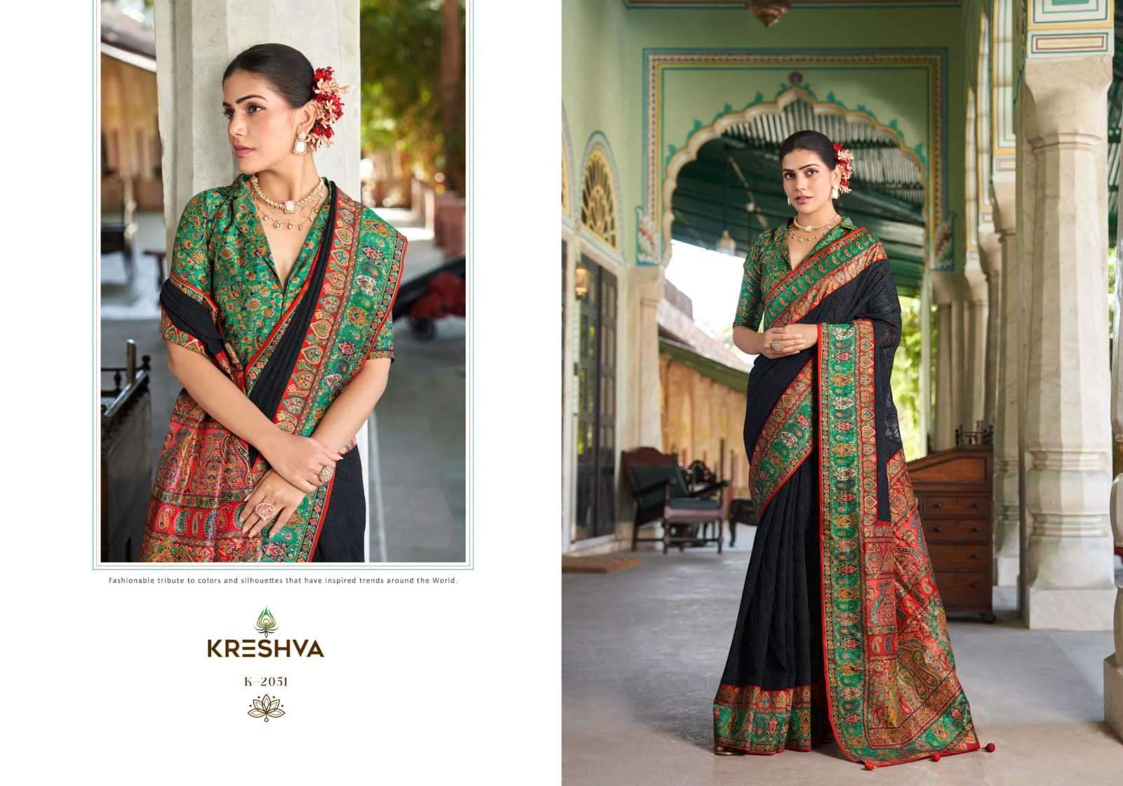 shanti by kreshva colors best designer pashmina peinted wedding wear saree supplier 