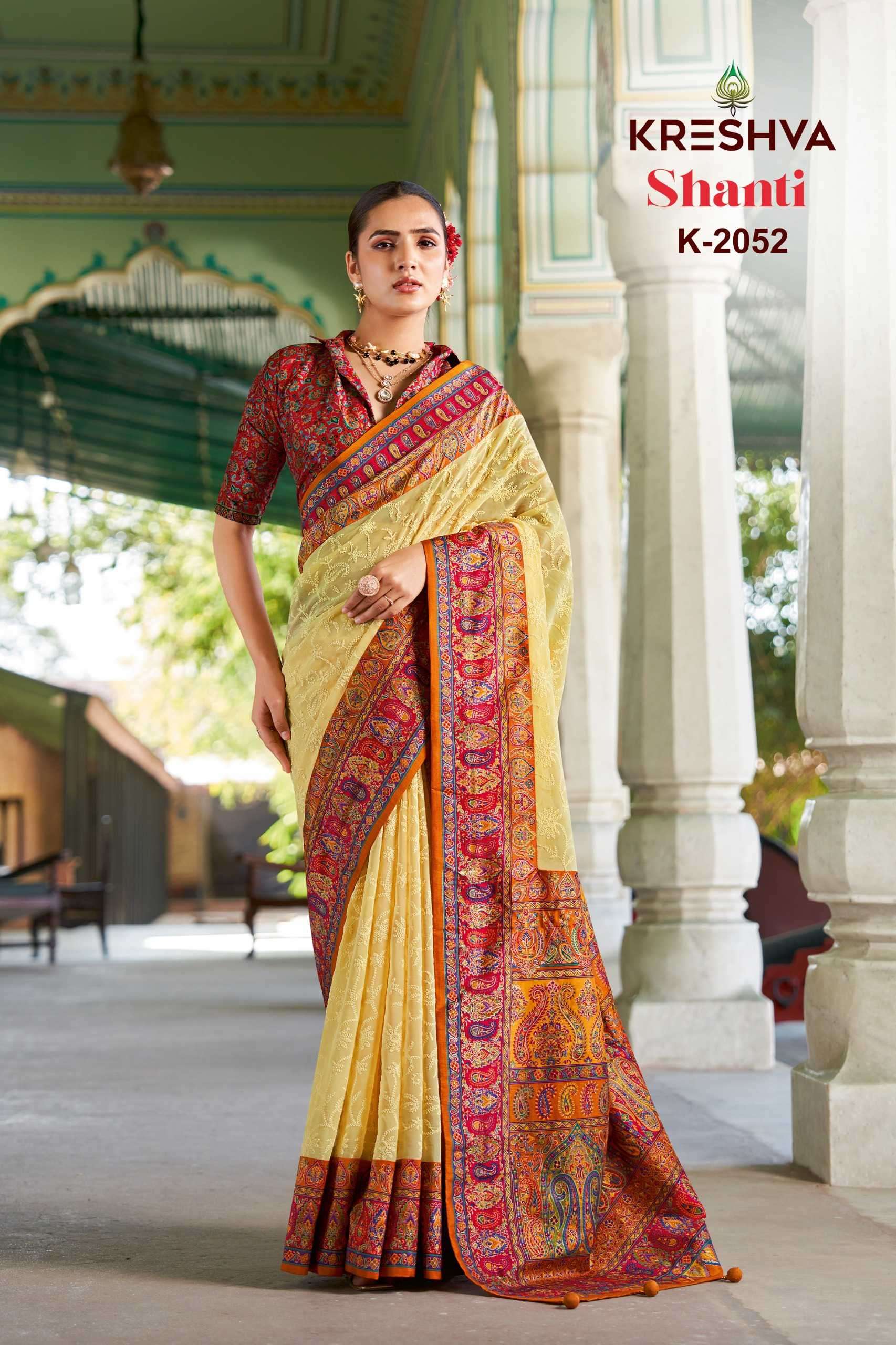 shanti by kreshva colors best designer pashmina peinted wedding wear saree supplier 