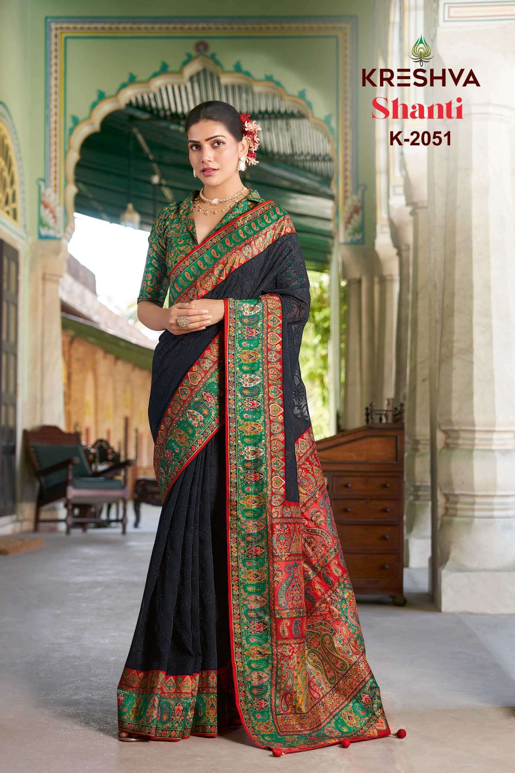 shanti by kreshva colors best designer pashmina peinted wedding wear saree supplier 