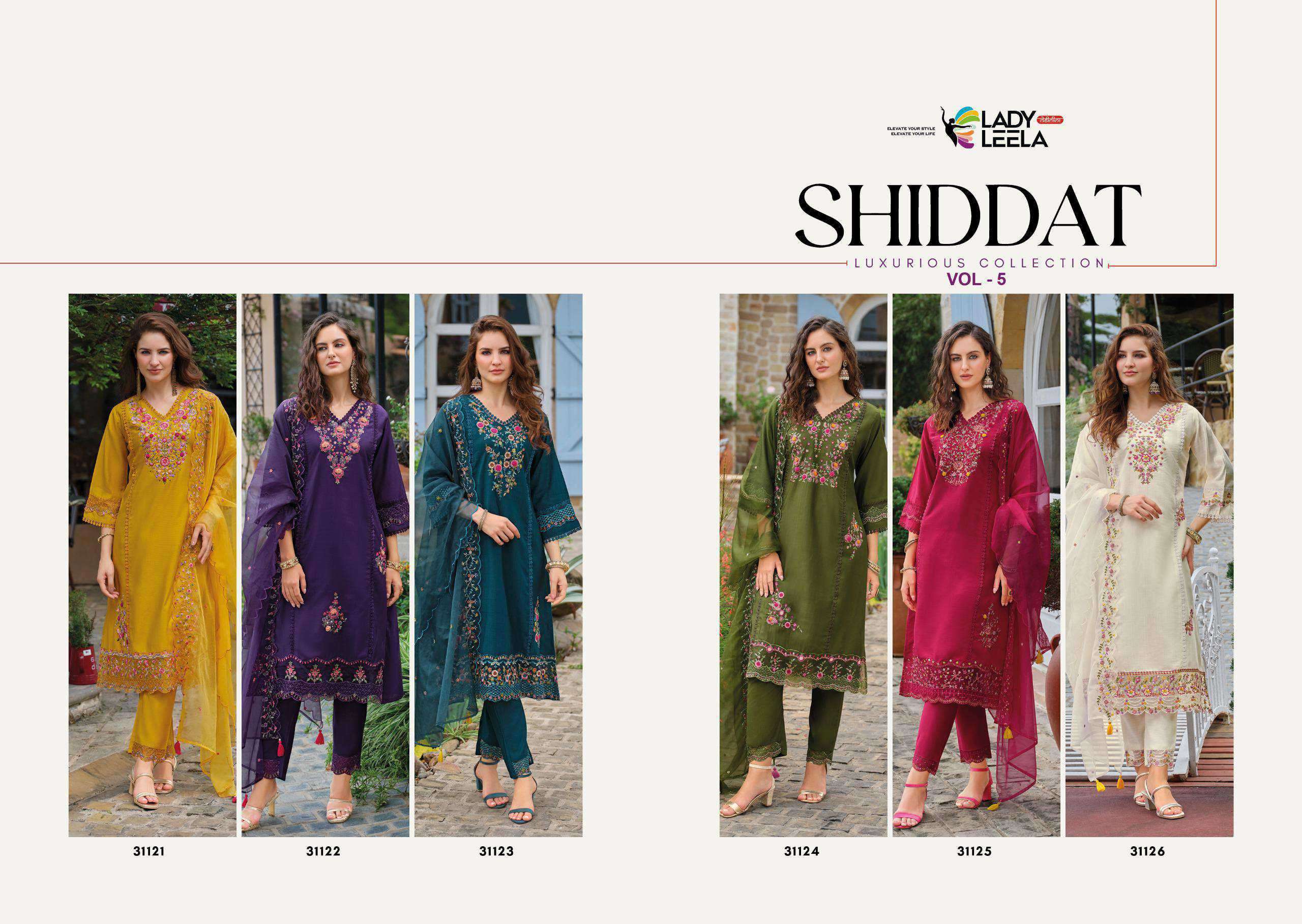 shiddat vol-5 by lady leela colors exclusive designer viscose with heavy embroidered readymade suit supplier 