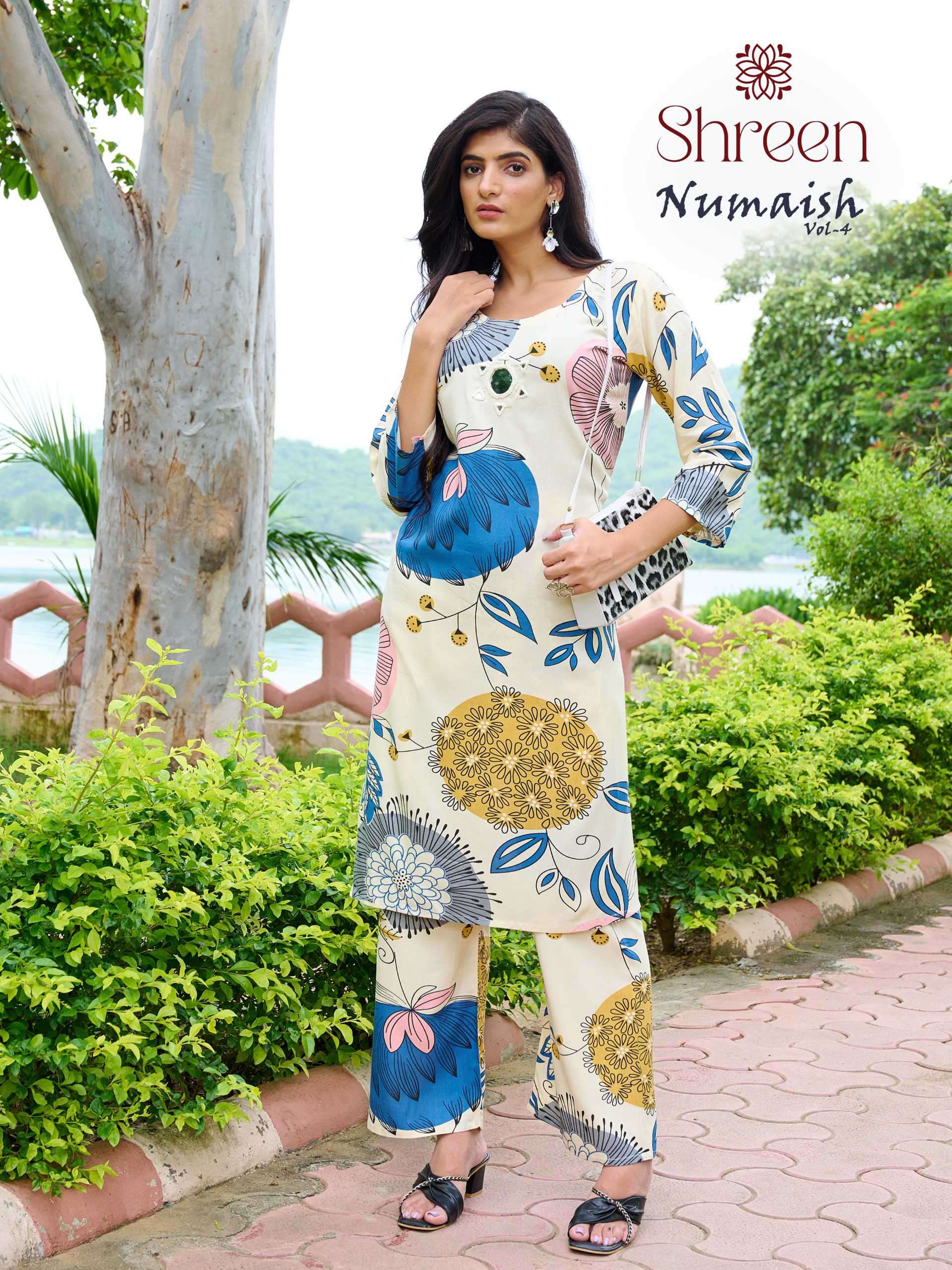 shreen numaish vol-4 latest designer rayon printed readymade cord set exporter surat