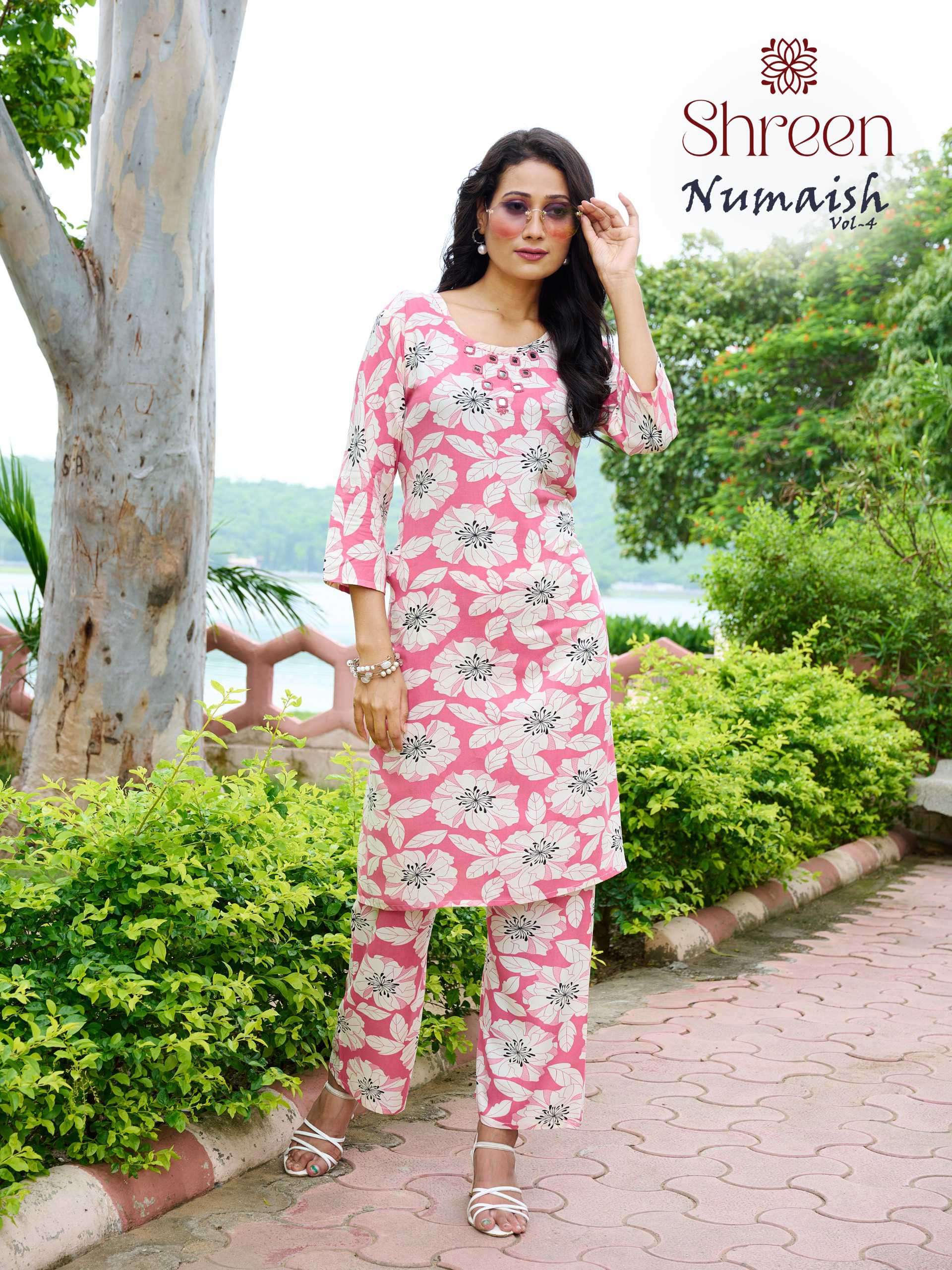 shreen numaish vol-4 latest designer rayon printed readymade cord set exporter surat