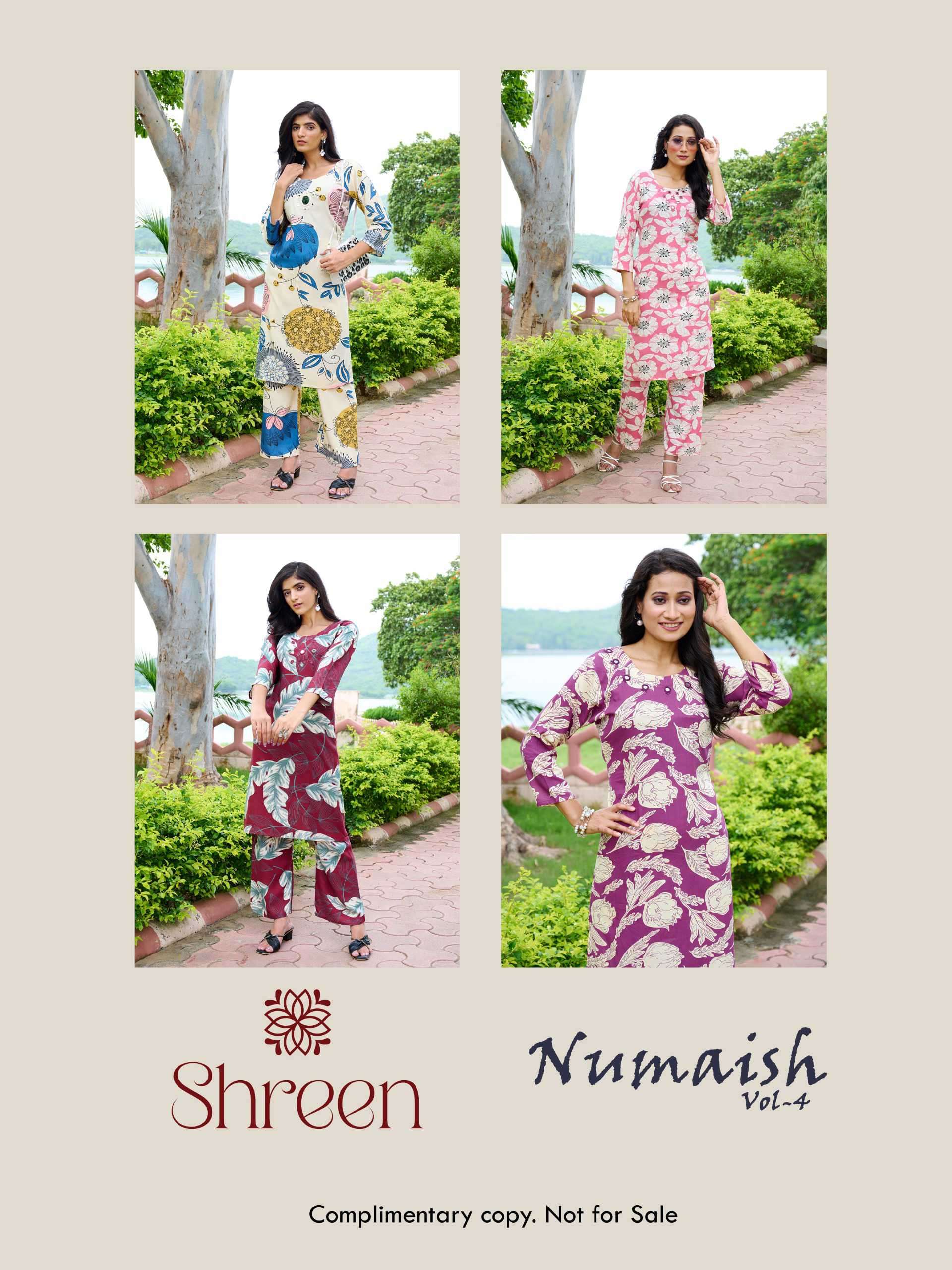 shreen numaish vol-4 latest designer rayon printed readymade cord set exporter surat