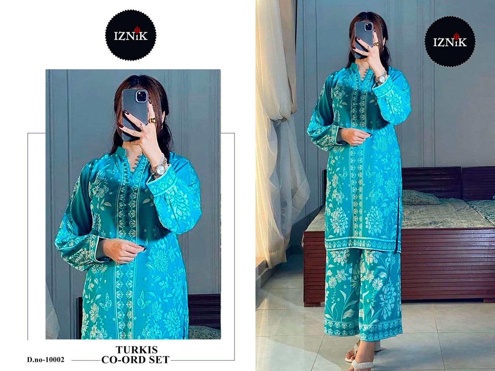 turkis co-ord set by iznik colors exclusive designer fancy printed lawn readymade cord set supplier 
