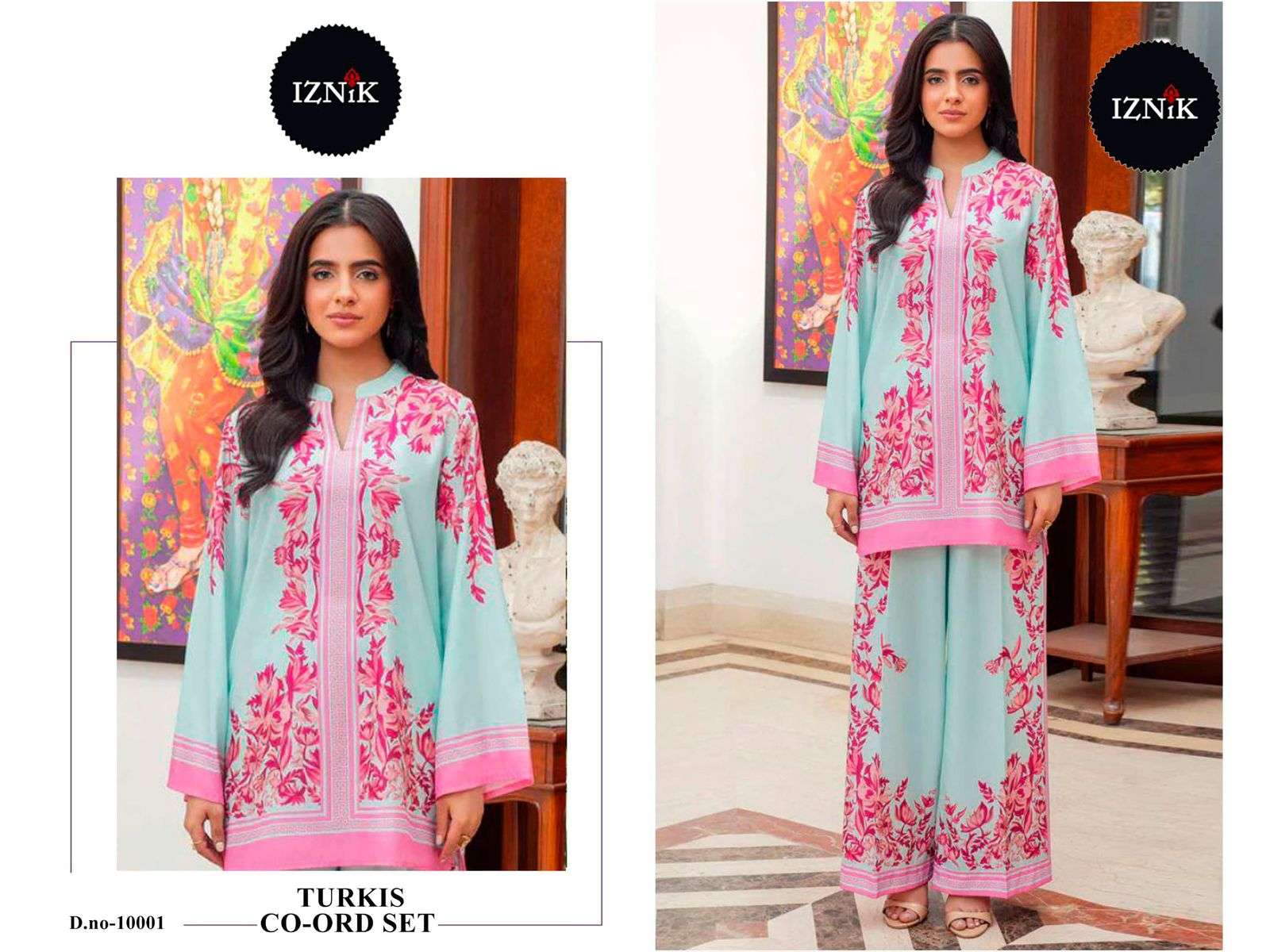 turkis co-ord set by iznik colors exclusive designer fancy printed lawn readymade cord set supplier 