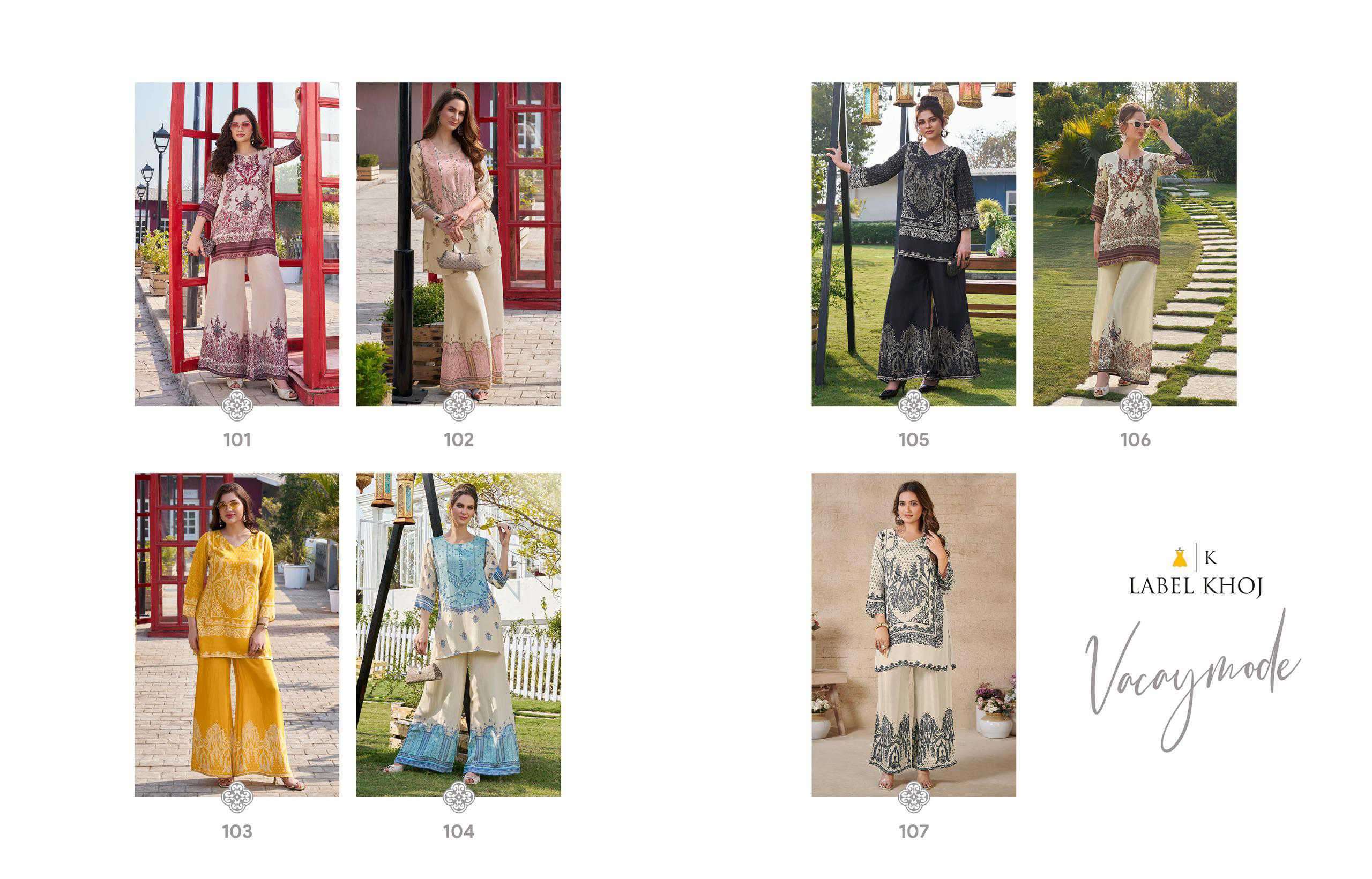 vacay mode by label khoj colors latest designer casual wear viscose muslin printed readymade cord set supplier 