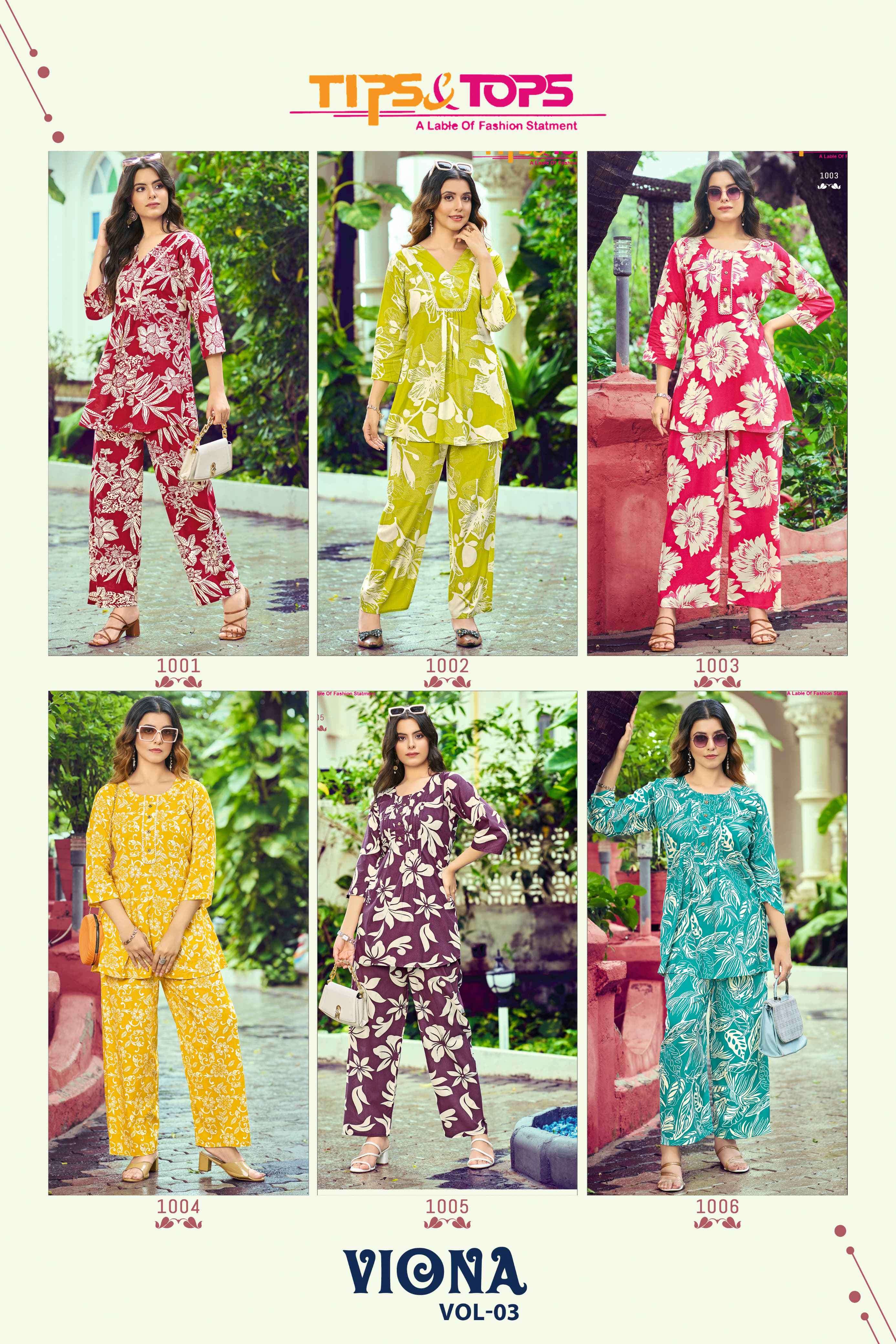 viona vol-3 by tips&tops 1001-1006 series casual wear rayon printed cord set wholesaler 