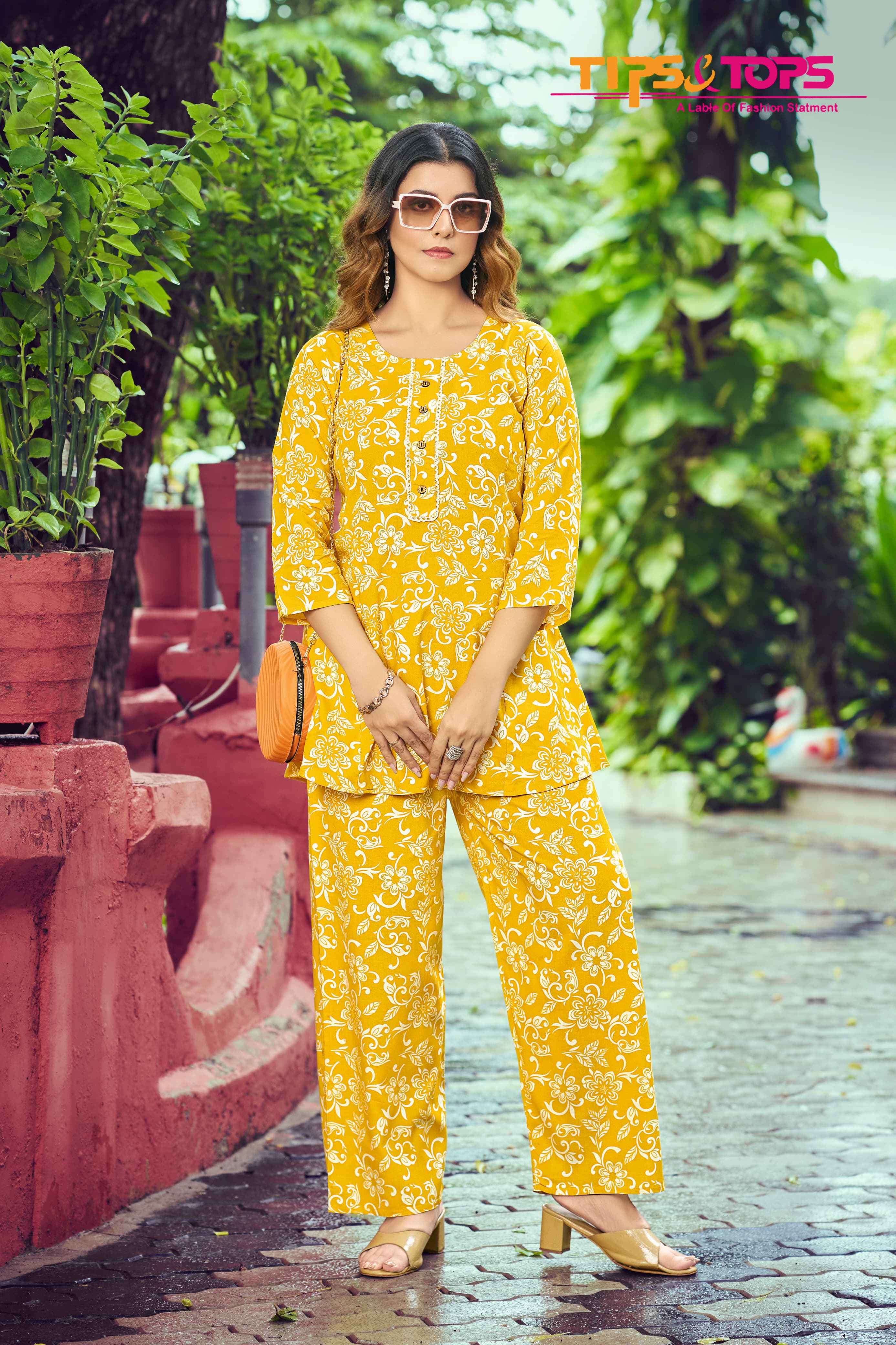 viona vol-3 by tips&tops 1001-1006 series casual wear rayon printed cord set wholesaler 