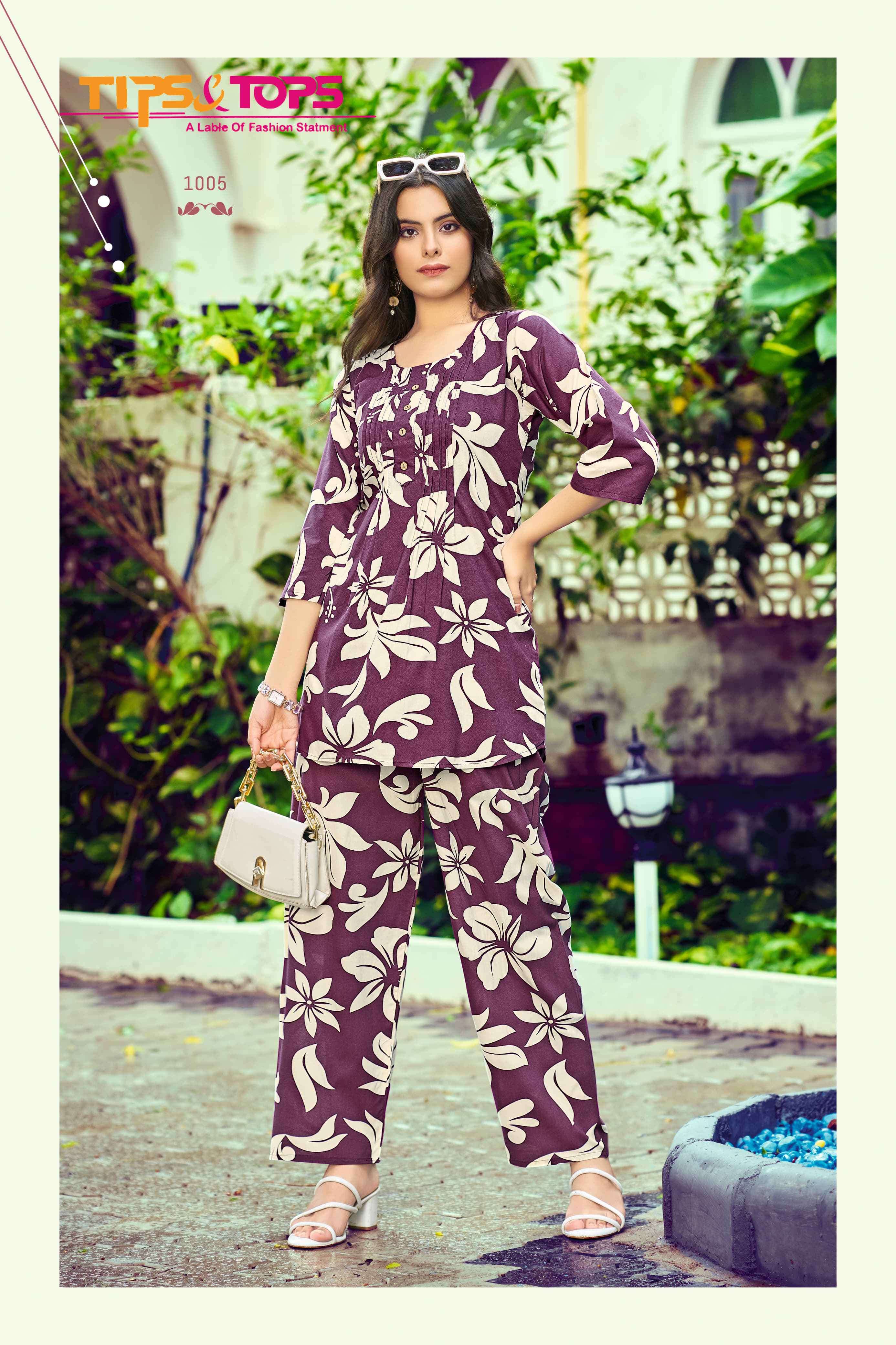 viona vol-3 by tips&tops 1001-1006 series casual wear rayon printed cord set wholesaler 