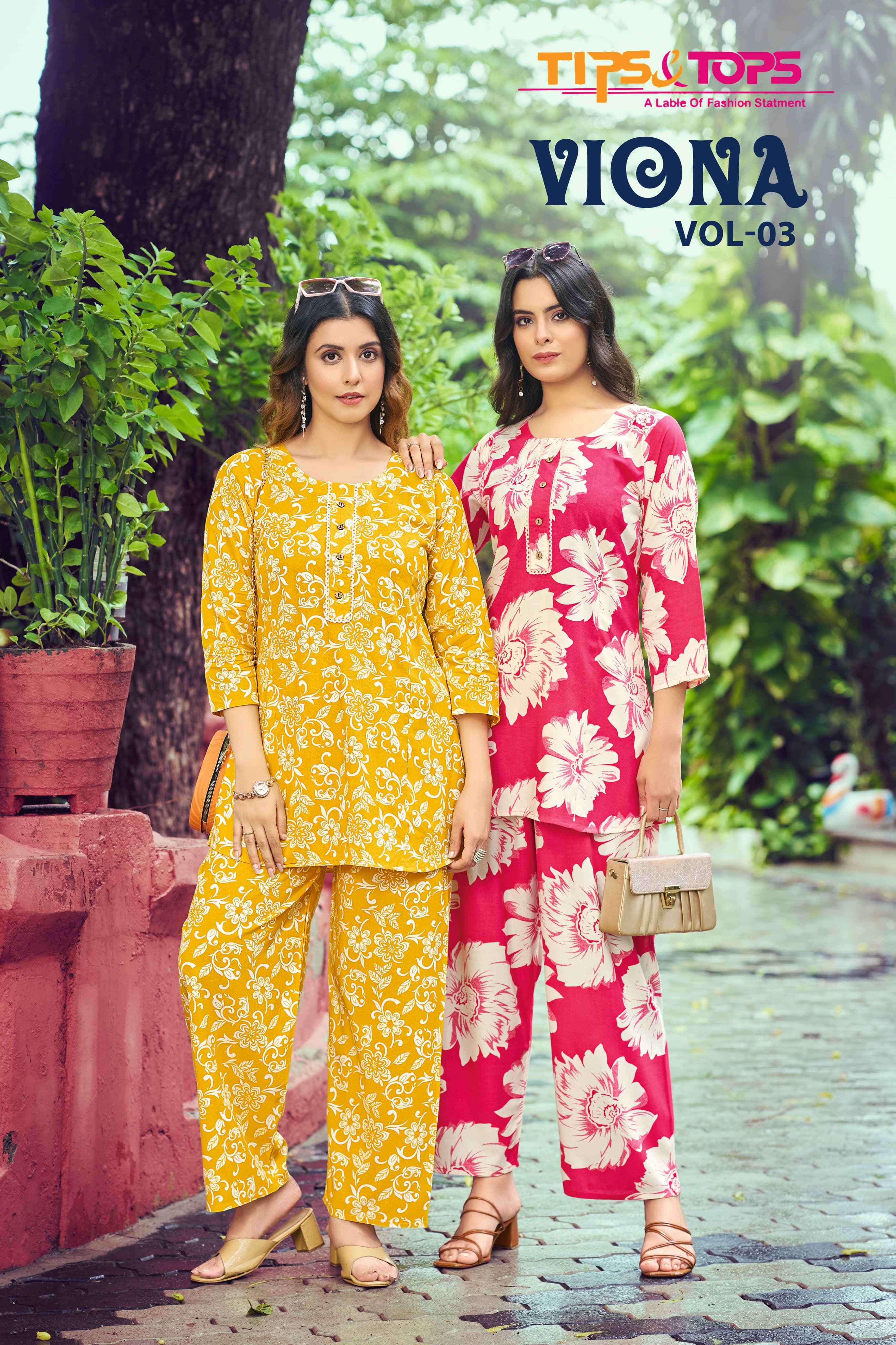 viona vol-3 by tips&tops 1001-1006 series casual wear rayon printed cord set wholesaler 
