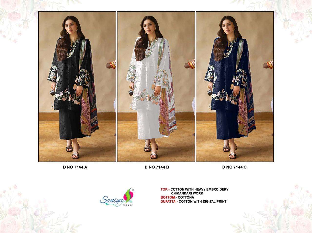 7144 by saniya trends colors fancy embroidered cotton pakistani suit wholeale price surat