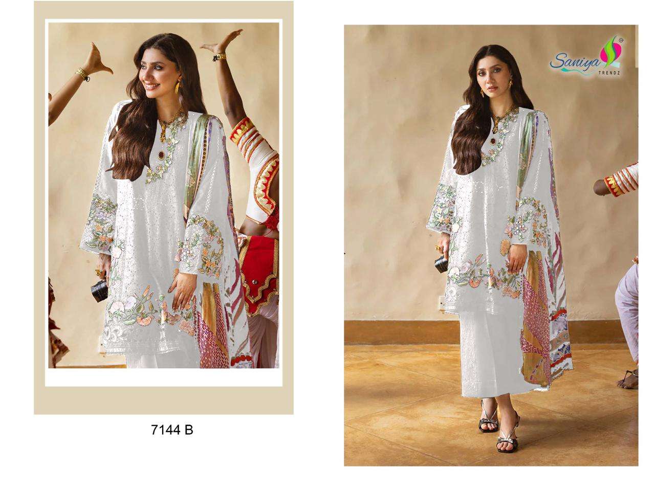 7144 by saniya trends colors fancy embroidered cotton pakistani suit wholeale price surat