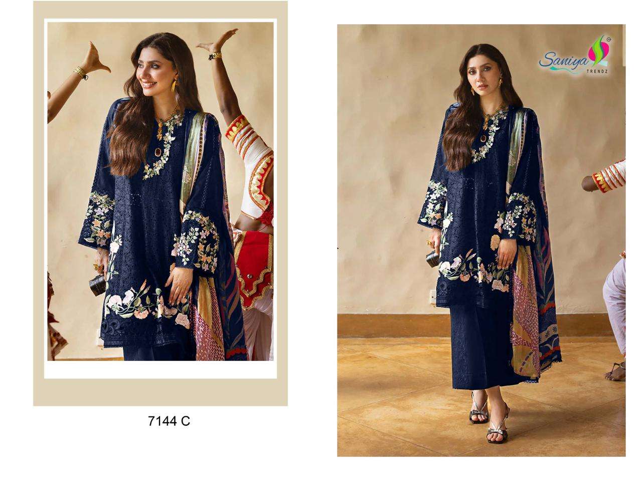7144 by saniya trends colors fancy embroidered cotton pakistani suit wholeale price surat