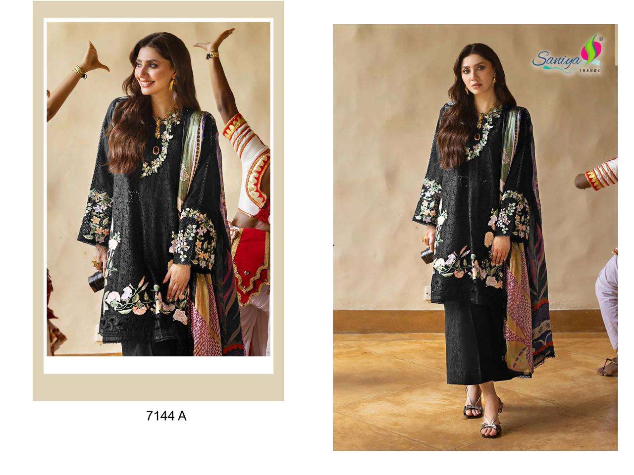 7144 by saniya trends colors fancy embroidered cotton pakistani suit wholeale price surat