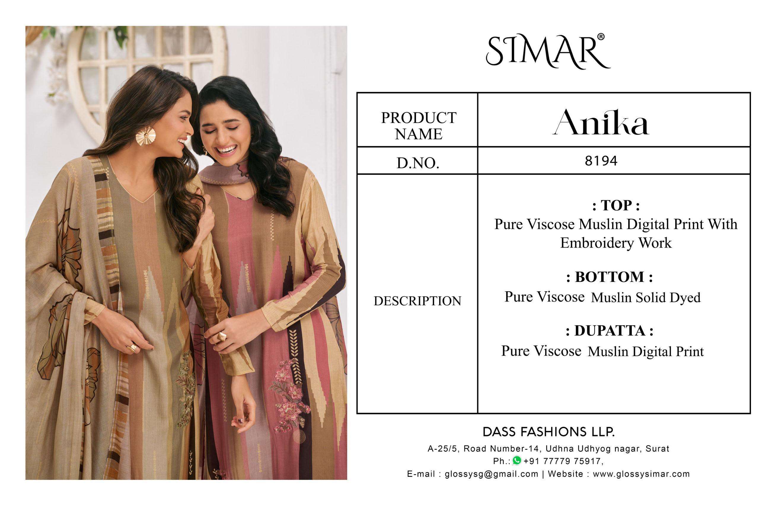 anika by glossy 8194 colors viscose muslin designer suit wholesaler surat