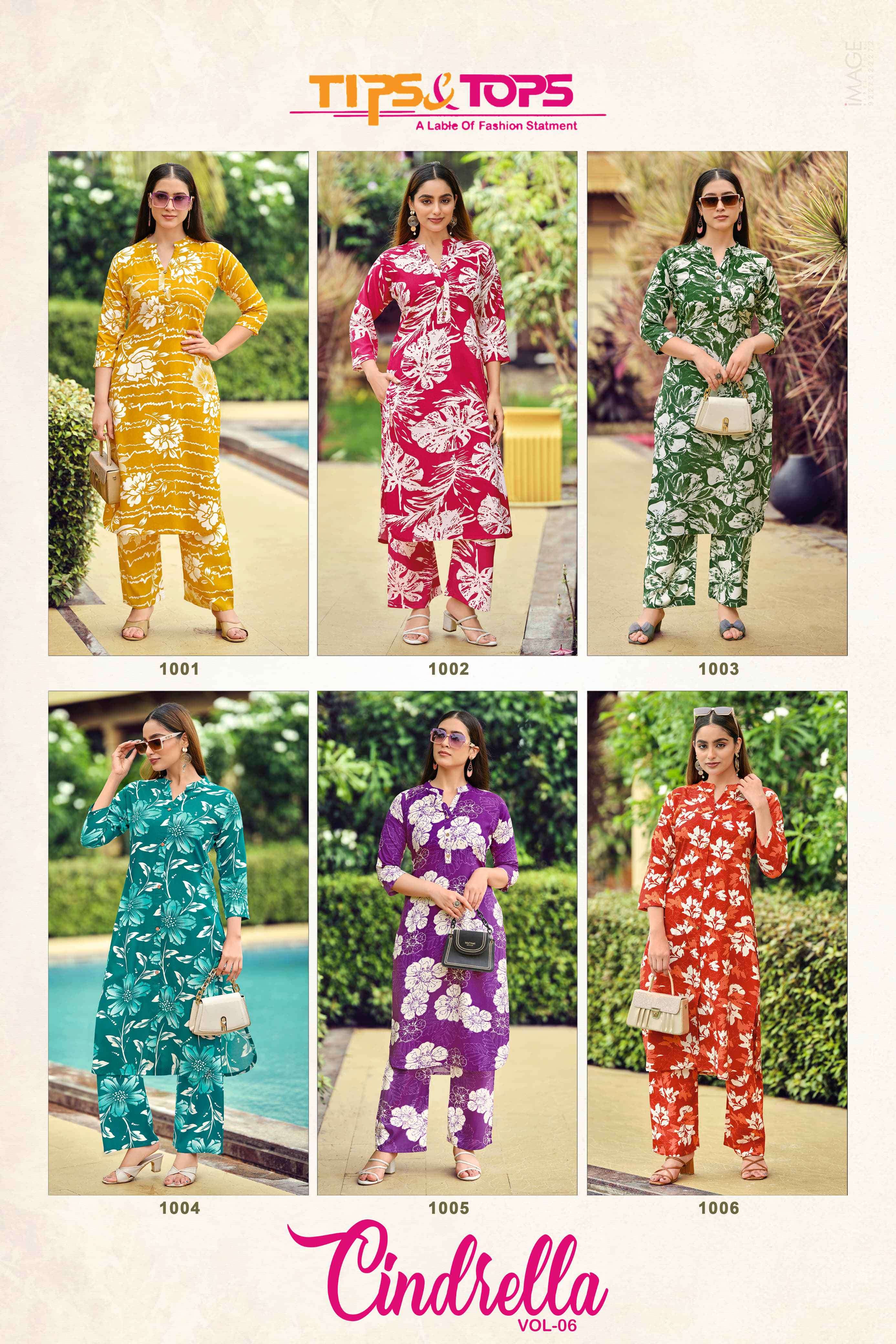 cinderella vol-6 by tips&tops 1001-1006 series casual wear rayon printed readymade cord set supplier 