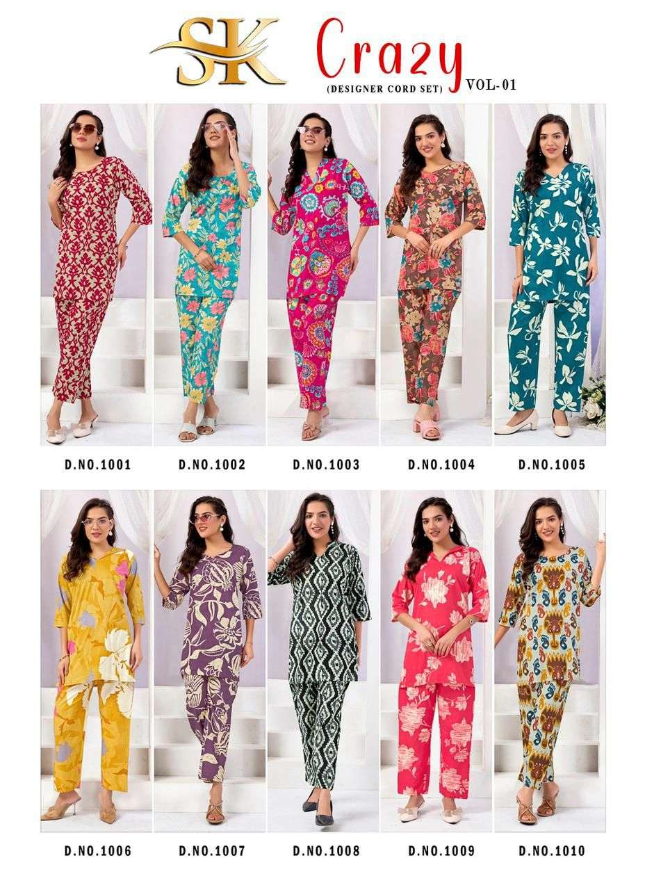 crazy vol-1 by sk 1001-1010 series casual wear cotton printed readymade cord set supplier 