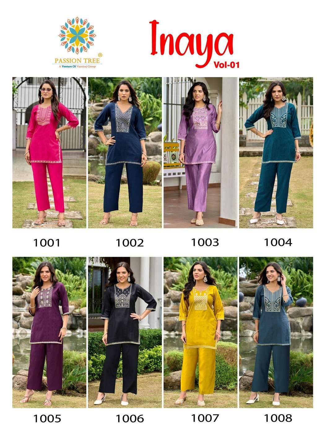 inaya vol-1 by passion tree 1001-1008 series latest designer viscose silk readymade cord set supplier 