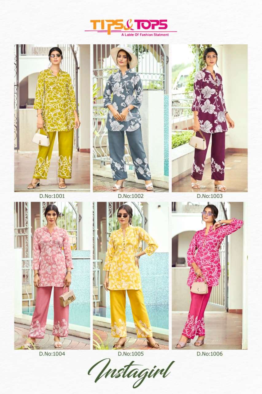 instagirl by tips&tops 1001-1006 series rayon designer readymadecord set wholesaler surat