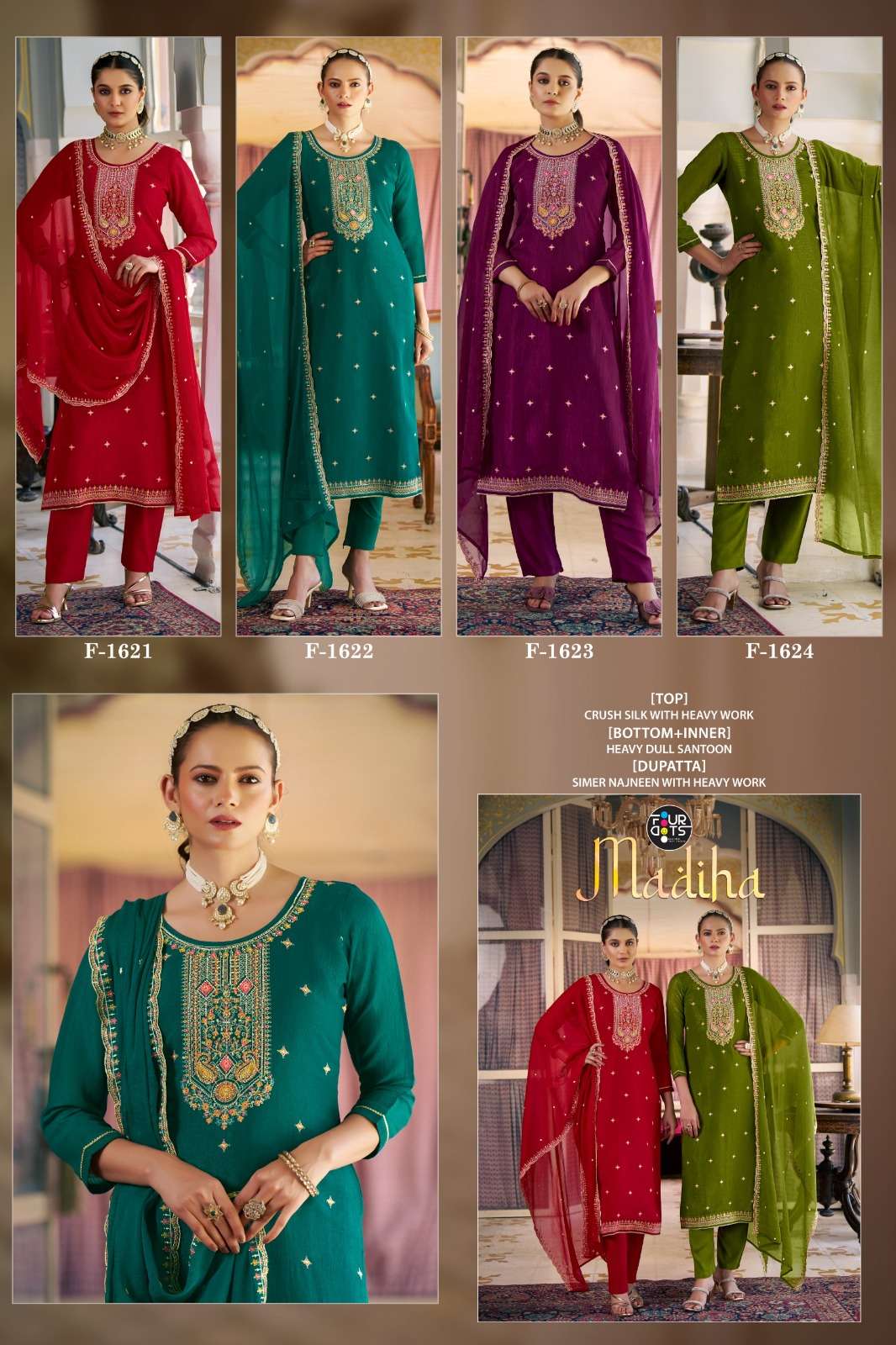 madiha by fourdots colors latest designer party wear silk salwar suit wholesaler surat