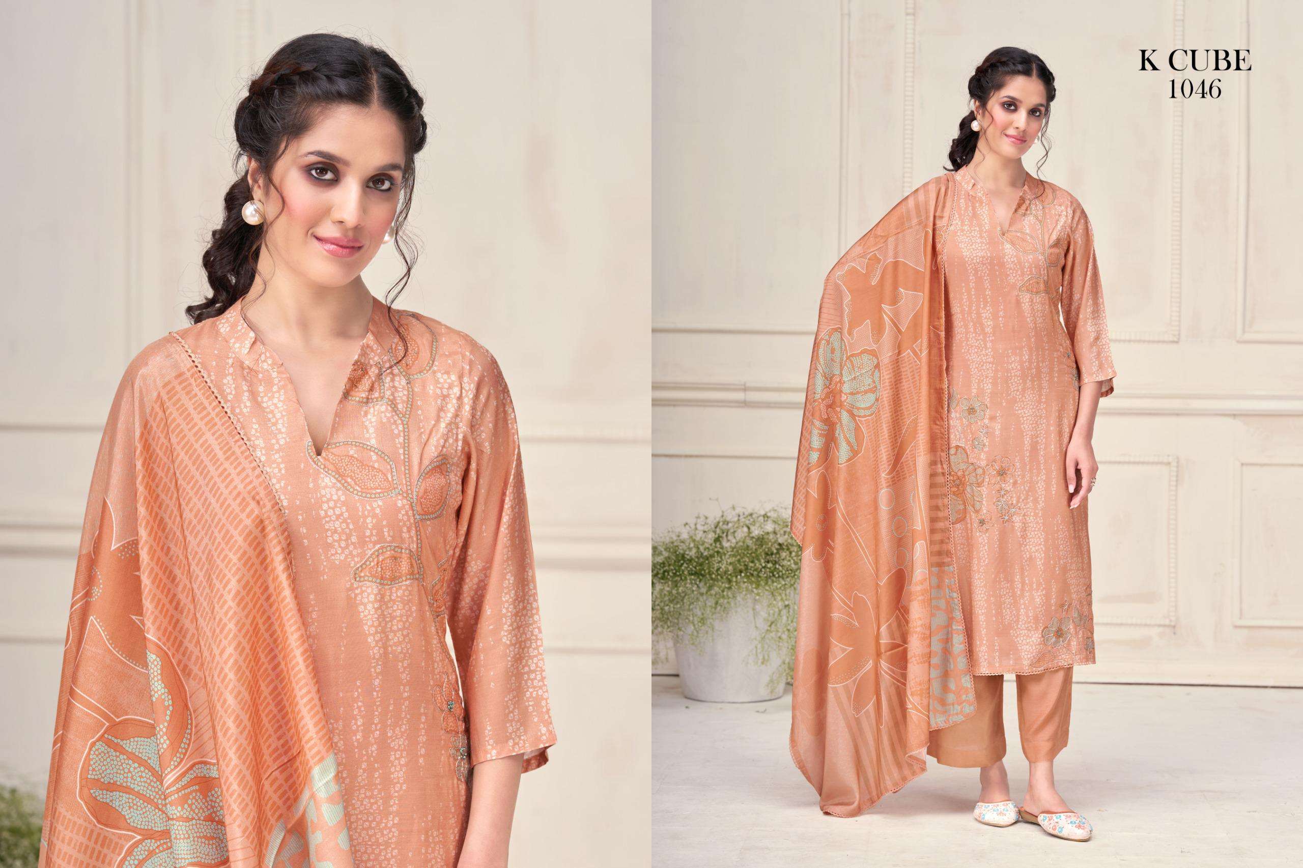 manvi by k cube 1046 colors digital printed fancy muslin suit wholesaler surat