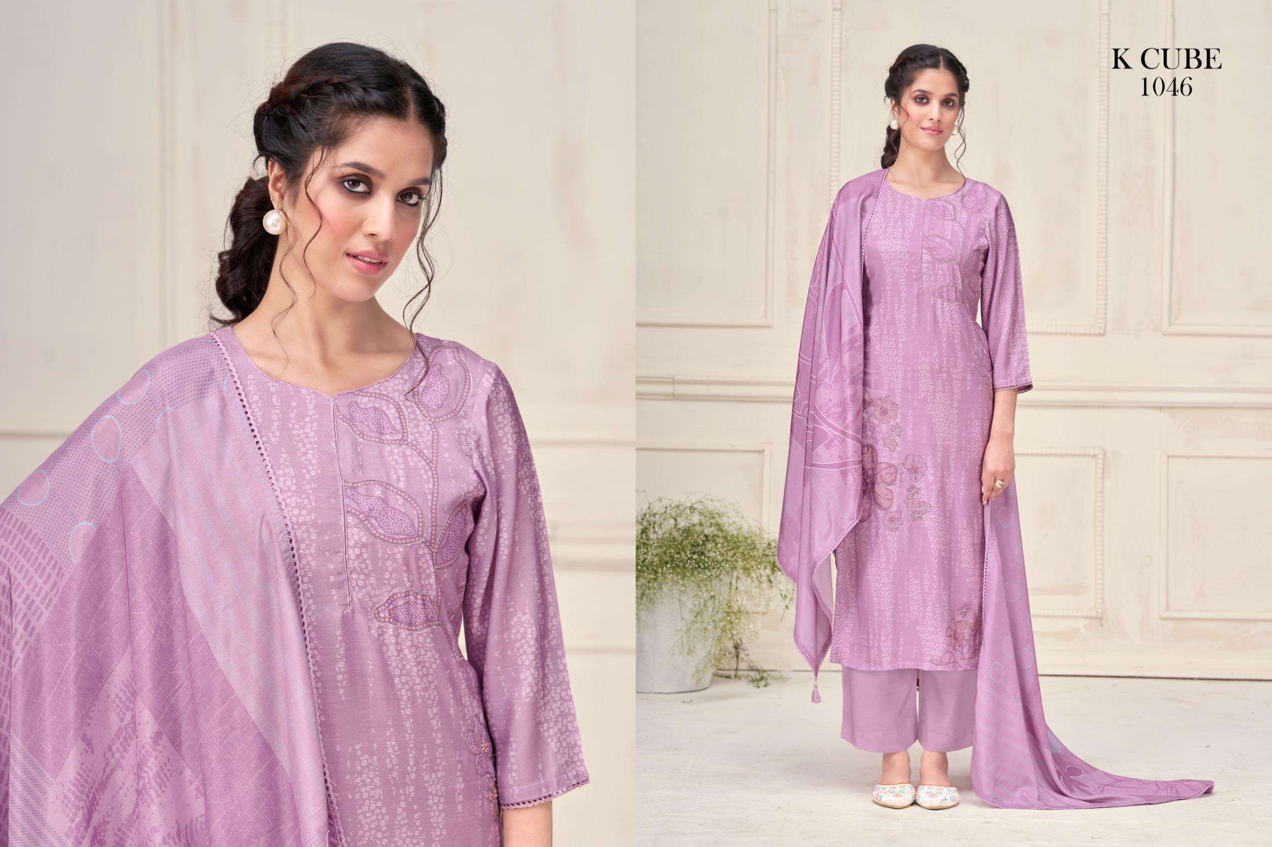 manvi by k cube 1046 colors digital printed fancy muslin suit wholesaler surat