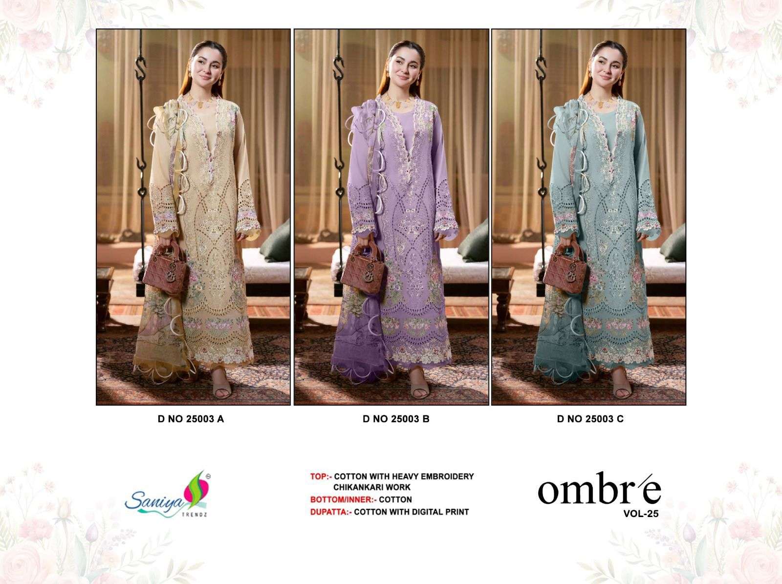 ombre vol-25 nx by saniya trends 25003 colors chinkari embroidered pakistani cotton suit supplier 