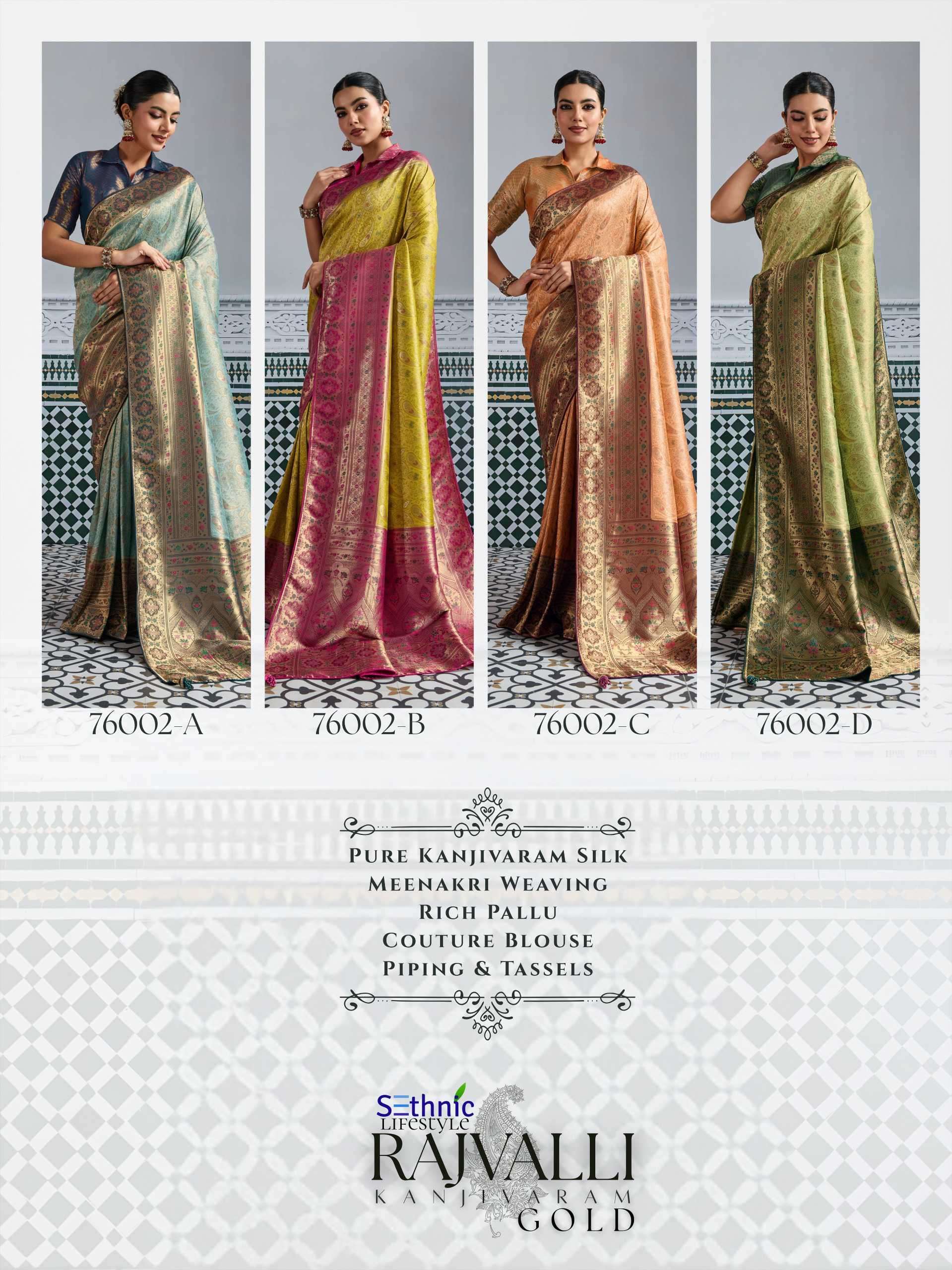 rajvalli platinum by sethnic lifestyle 76002 colors kanjivaram silk saree wholesale surat