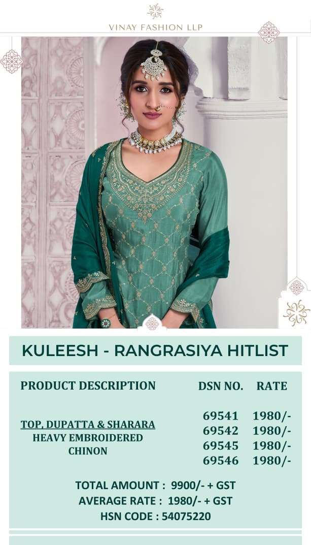 rangrasiya hitlist by vinay fashion kuleesh heavy embroidered chinnon dress material catalogue online wholesale surat 