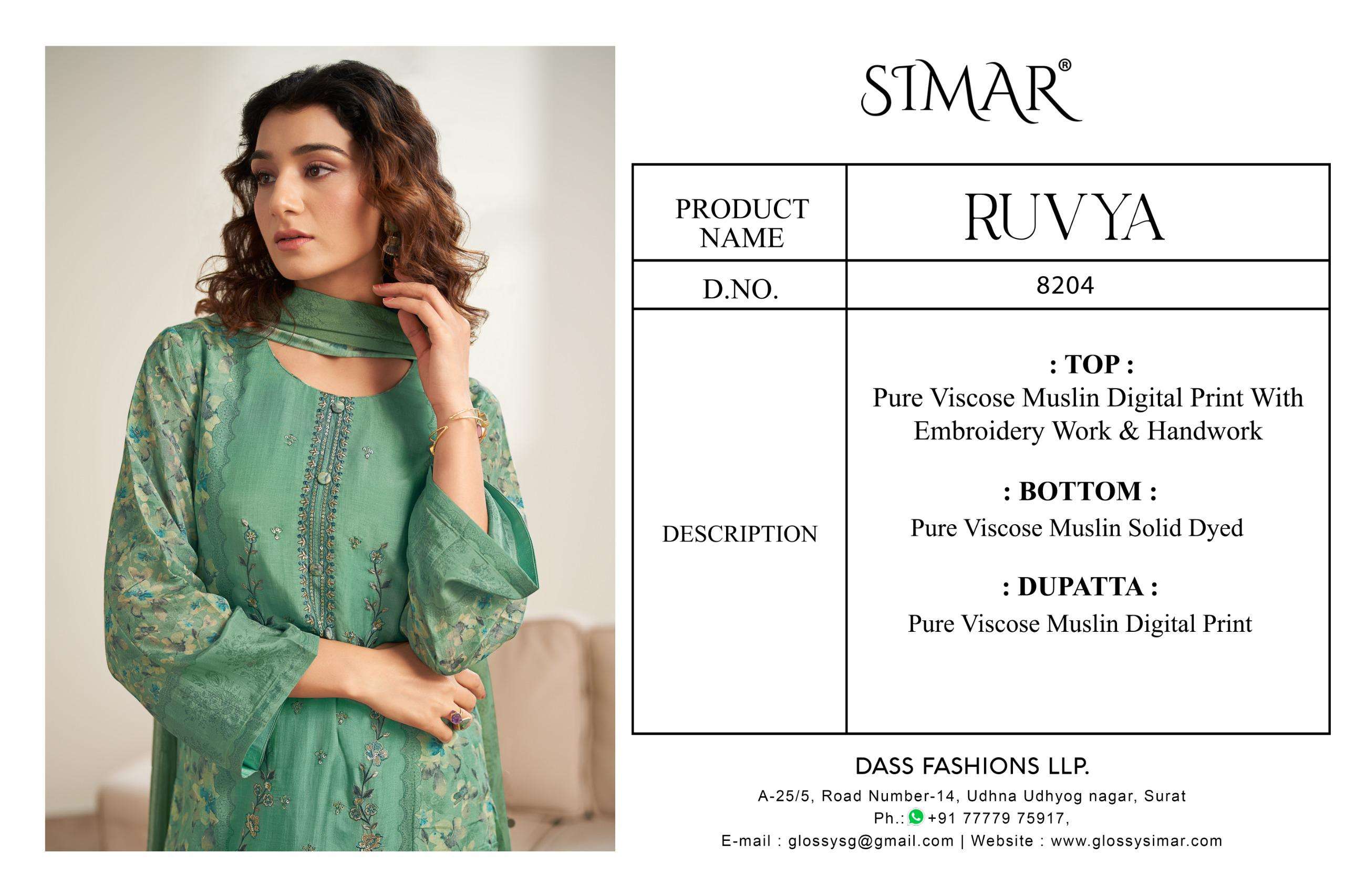 ruvya by glossy 8204 colors viscose muslin salwar kameez wholesale price surat