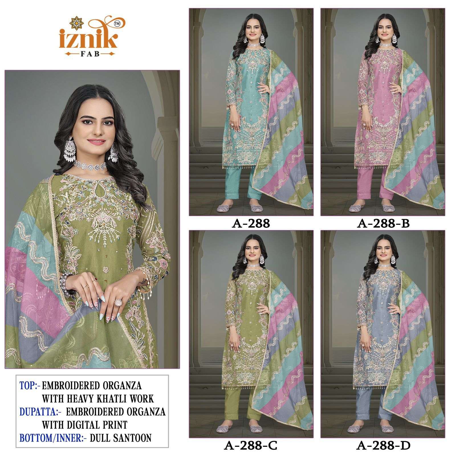 288  by iznik colors organza with fancy embroidered suit wholesale price surat