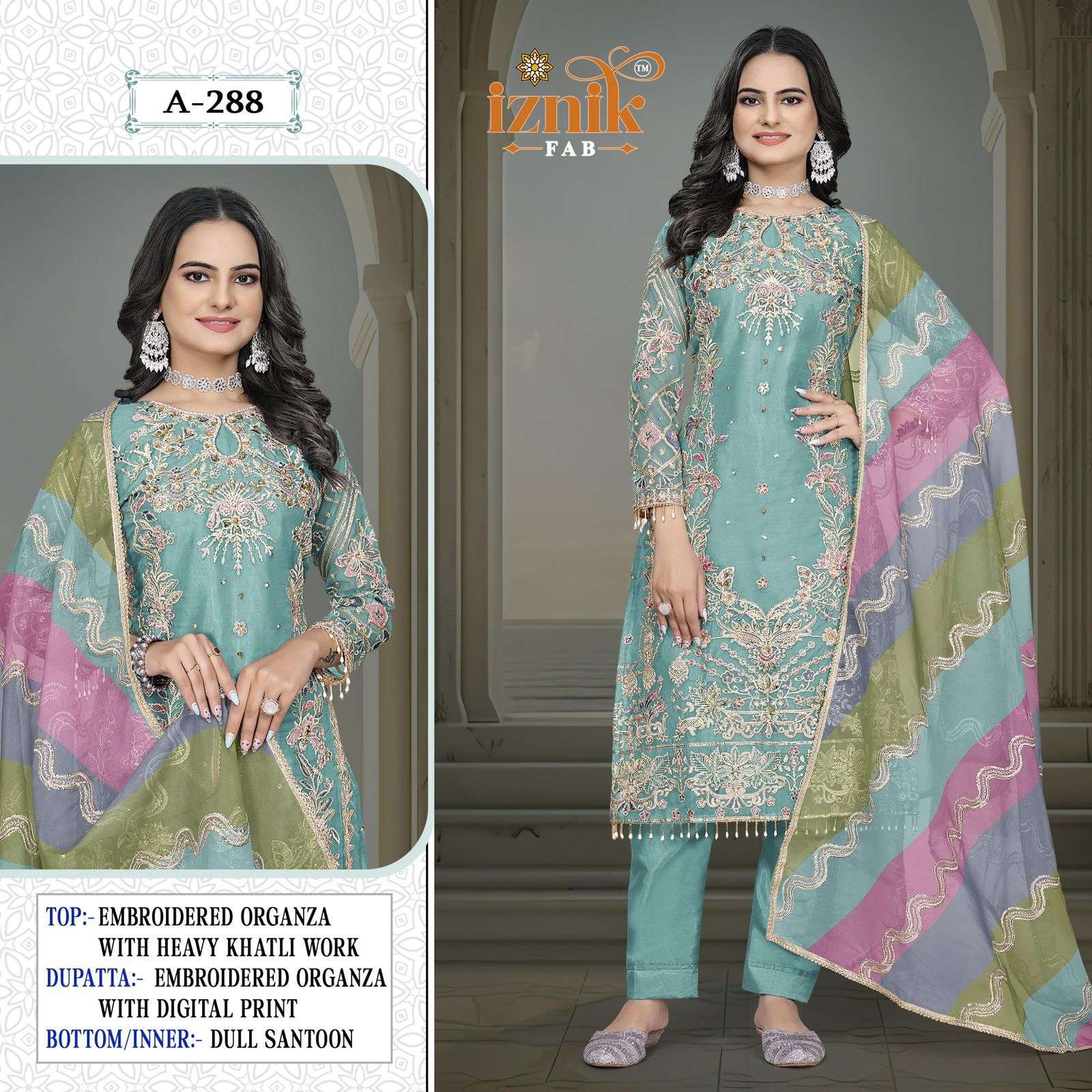 288  by iznik colors organza with fancy embroidered suit wholesale price surat