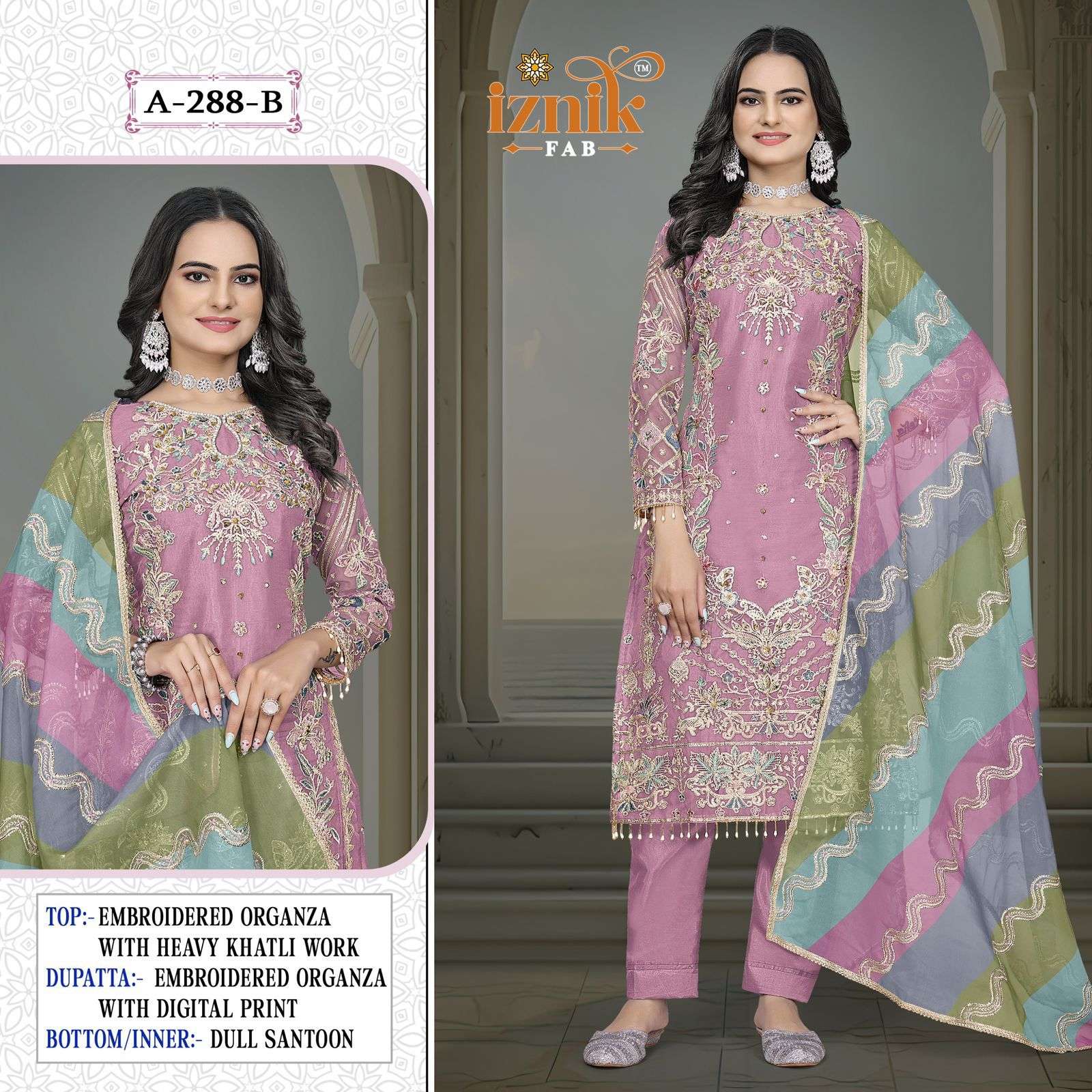 288  by iznik colors organza with fancy embroidered suit wholesale price surat