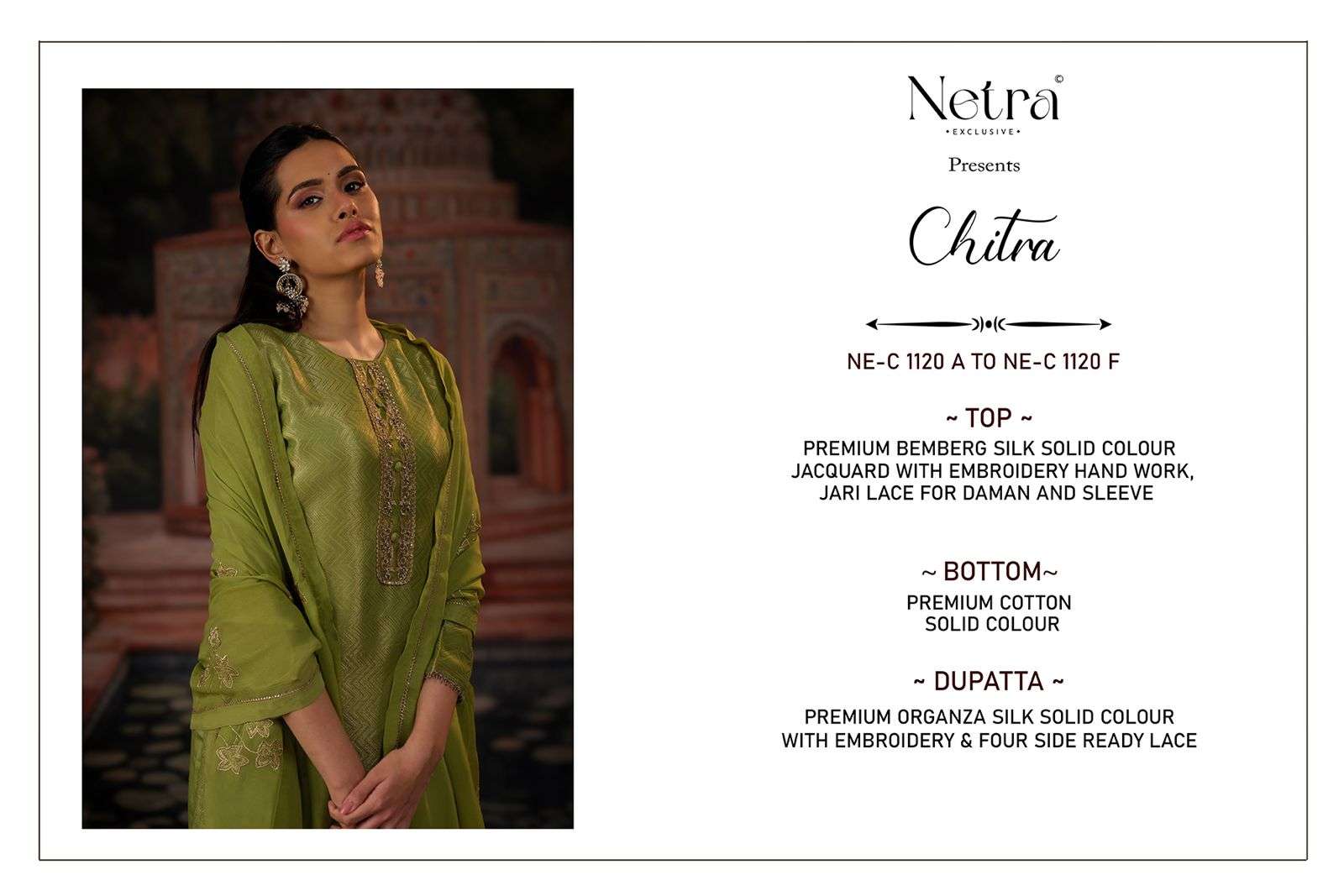 chitra by netra 1120 colors bemberg silk embroidered salwar kameez wholesale price surat