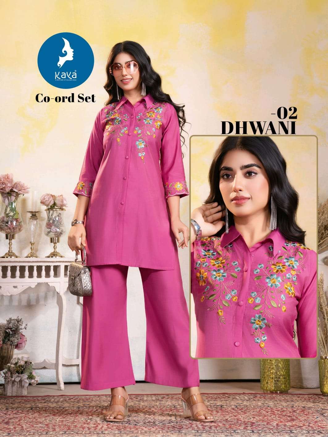 dhwani by kaya fancy designer roman silk readymade cord set wholesale price surat