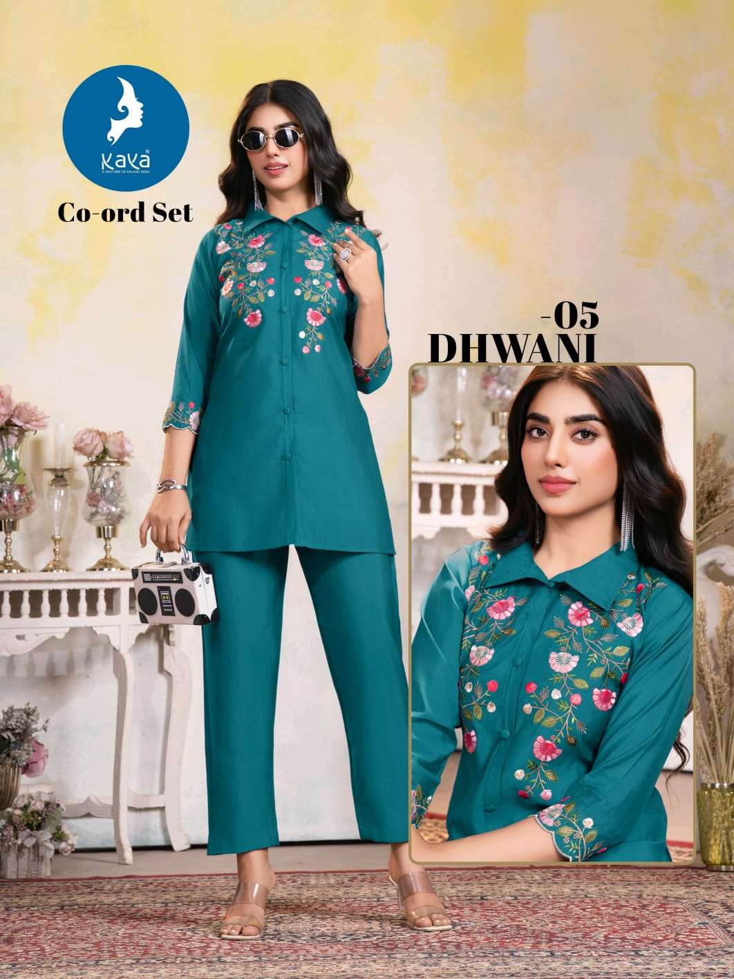 dhwani by kaya fancy designer roman silk readymade cord set wholesale price surat