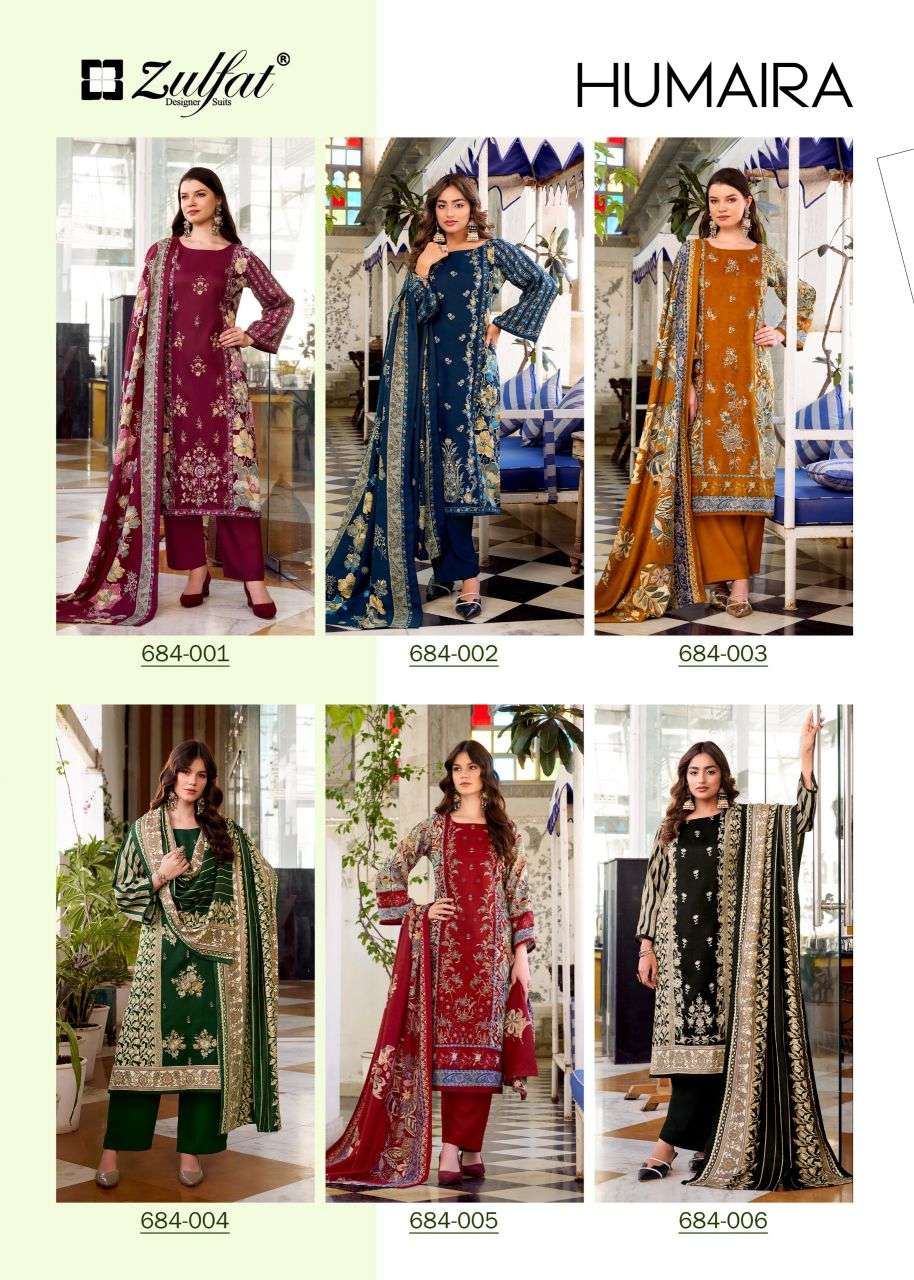 humaira by zulfat designer suit colors heavy embroidered pashmina salwar kameez wholeslae price surat