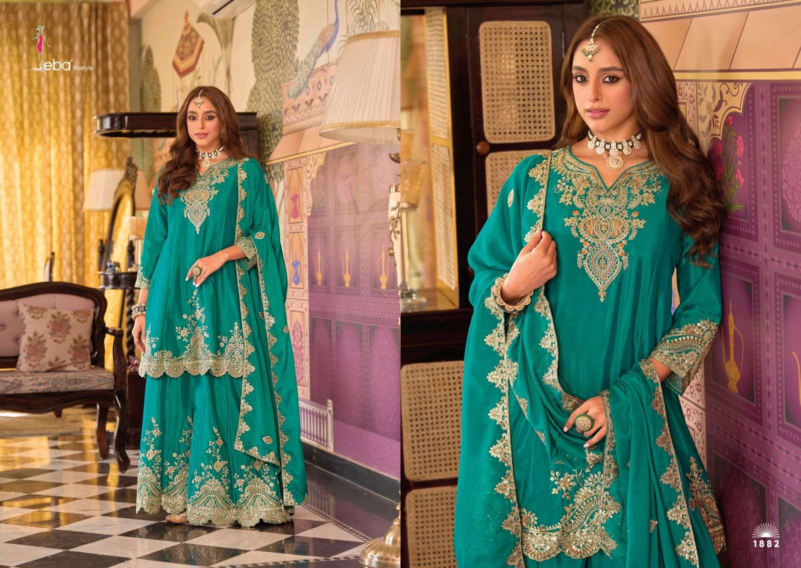 kalista edition by eba lifestyle 1880-1882 series chinon with heavy embroidered plazo suit wholesale price surat