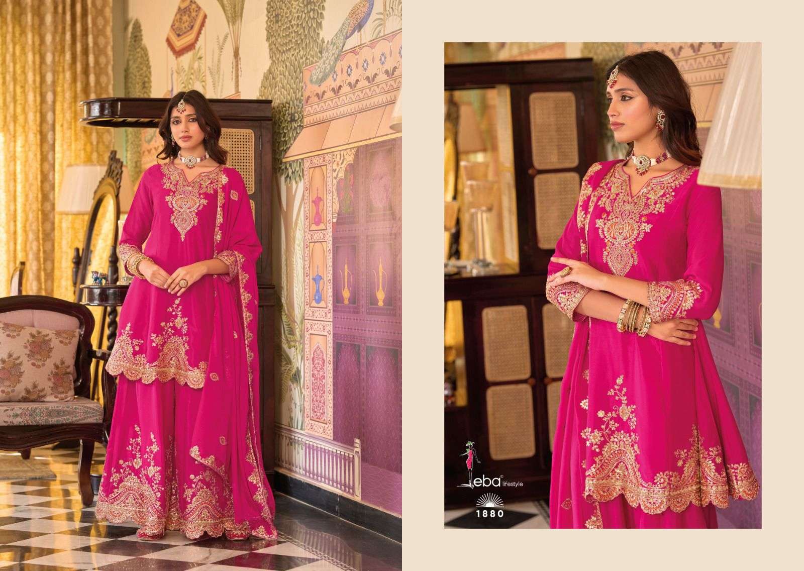 kalista edition by eba lifestyle 1880-1882 series chinon with heavy embroidered plazo suit wholesale price surat
