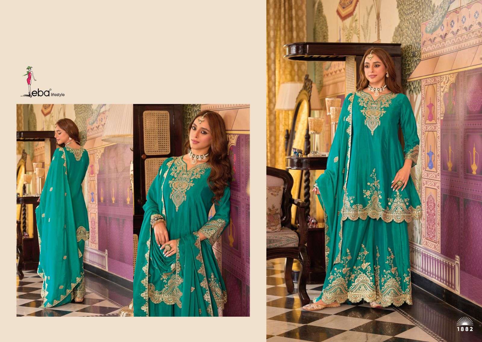 kalista edition by eba lifestyle 1880-1882 series chinon with heavy embroidered plazo suit wholesale price surat
