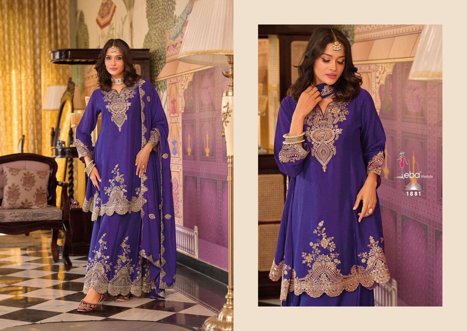 kalista edition by eba lifestyle 1880-1882 series chinon with heavy embroidered plazo suit wholesale price surat