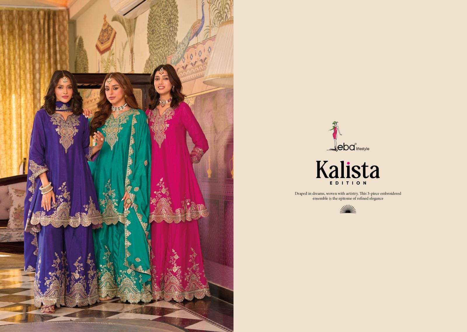 kalista edition by eba lifestyle 1880-1882 series chinon with heavy embroidered plazo suit wholesale price surat