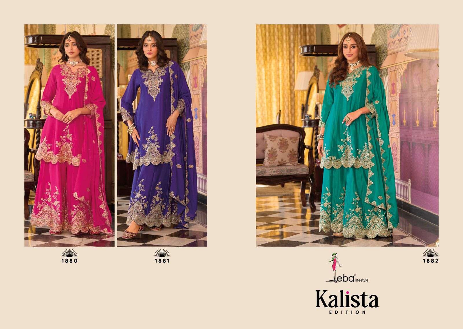 kalista edition by eba lifestyle 1880-1882 series chinon with heavy embroidered plazo suit wholesale price surat