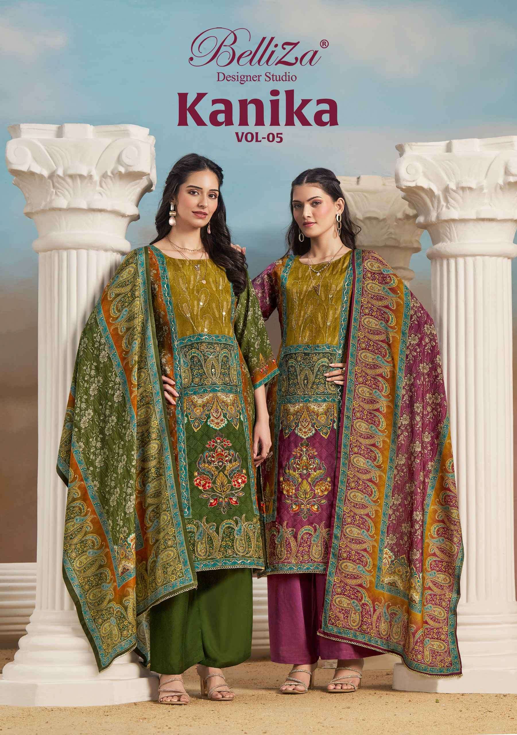 kanika vol-5 by belliza designer colors fancy handwork viscose muslin suit wholesale price surat