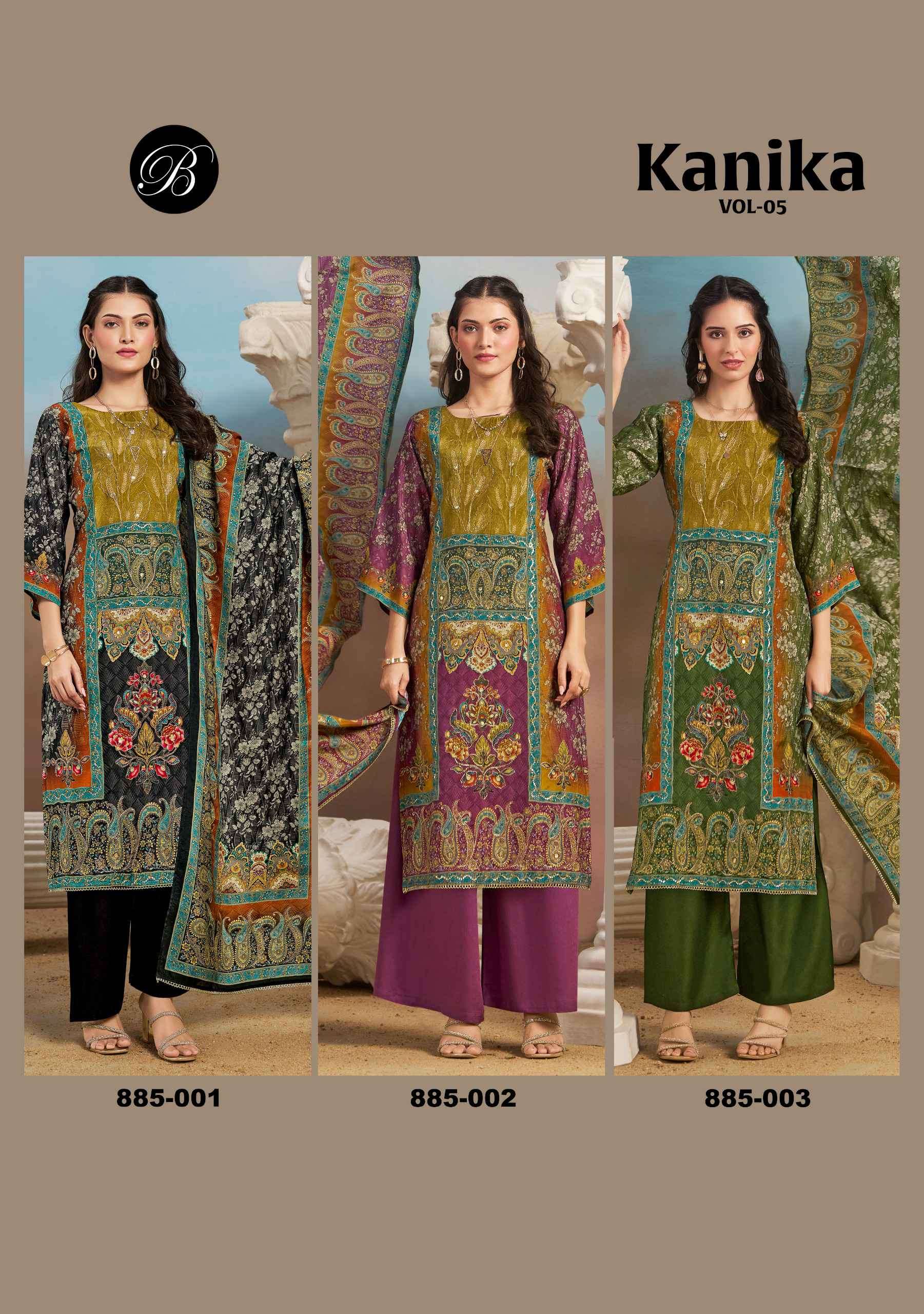 kanika vol-5 by belliza designer colors fancy handwork viscose muslin suit wholesale price surat